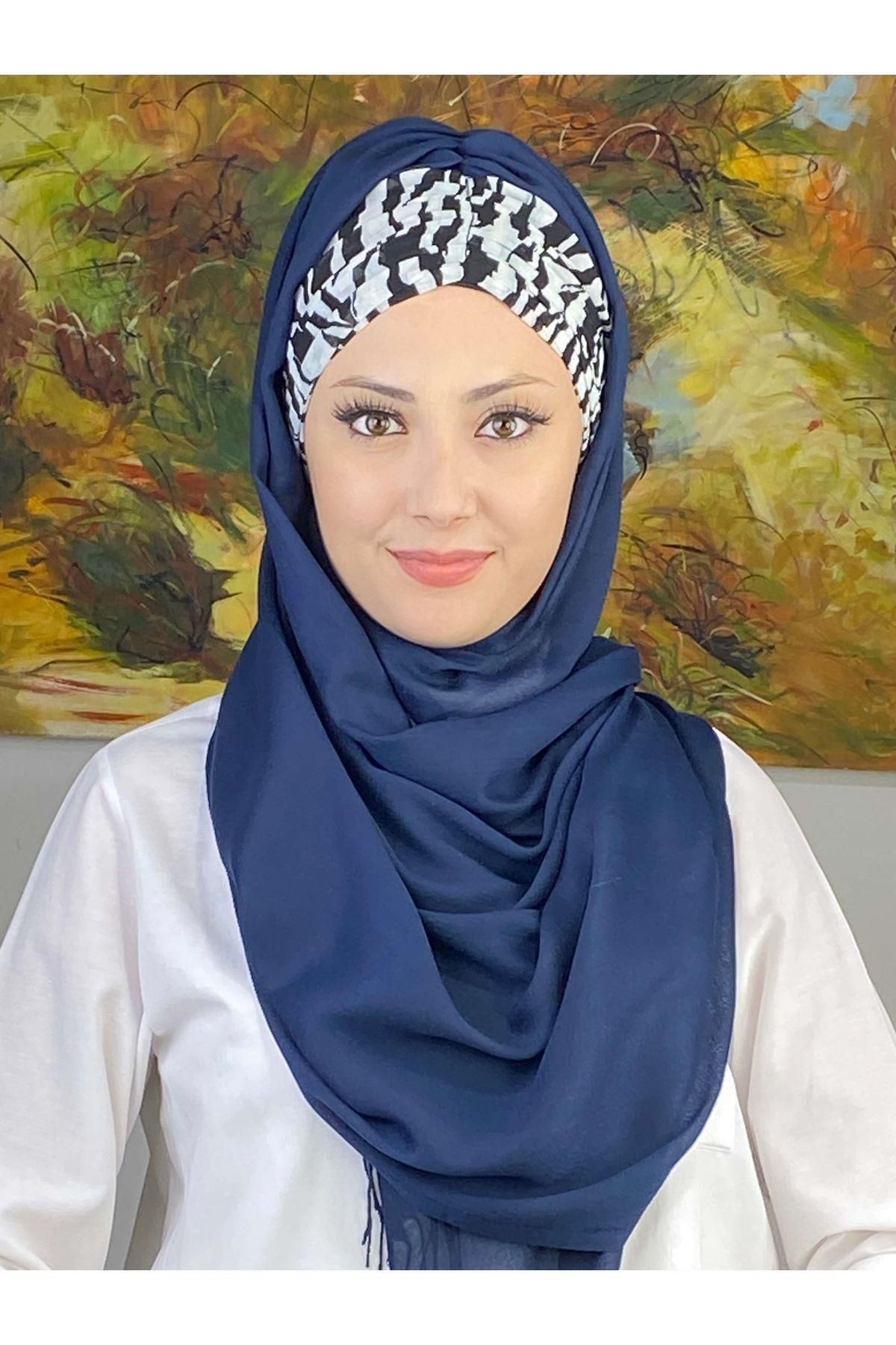 Zebra Desenli Lacivert Büzgülü Hazır Şal