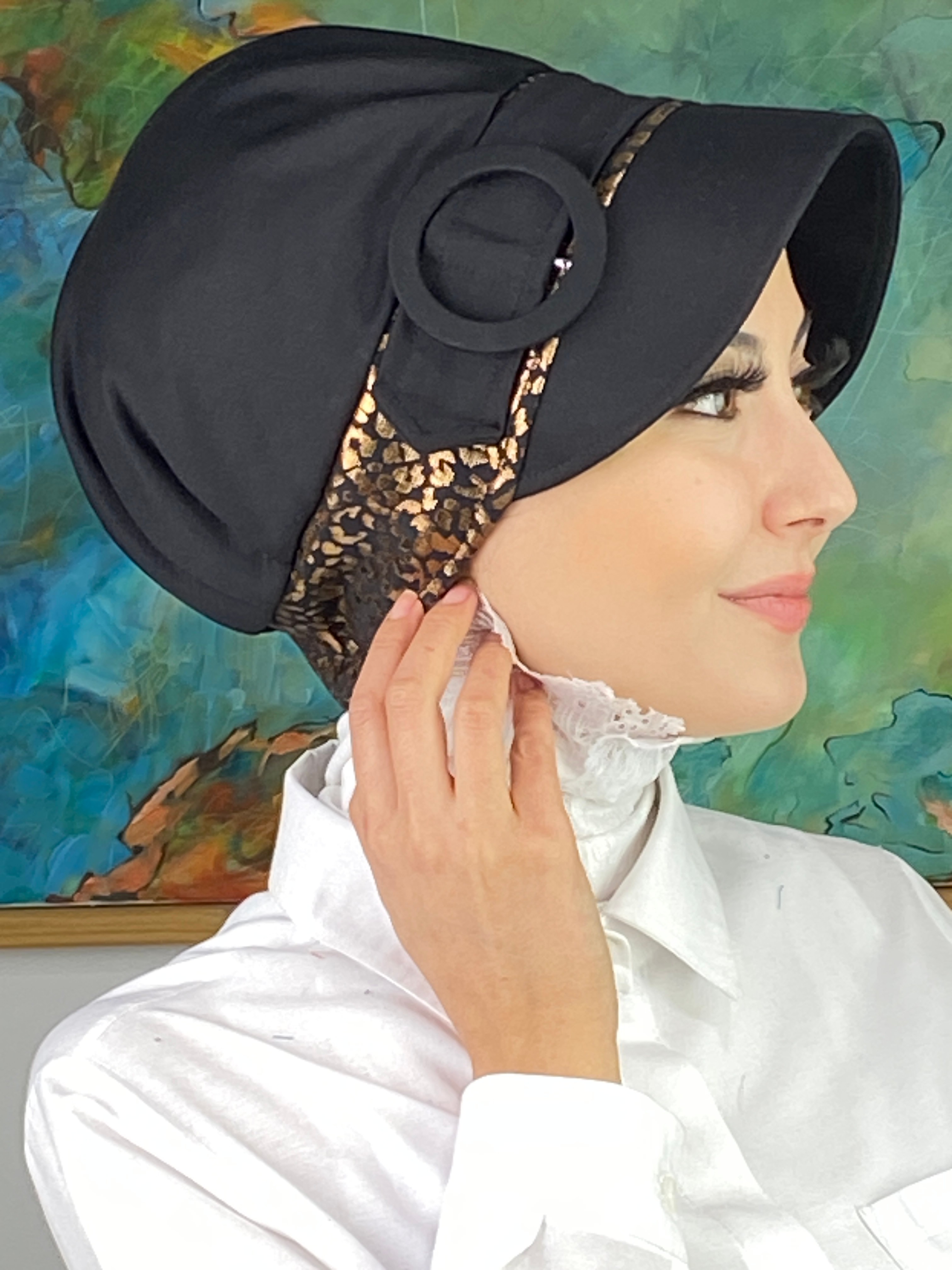 Nazlı Model Tokalı Parlak Bakır Leoparlı Tesettür Şapka