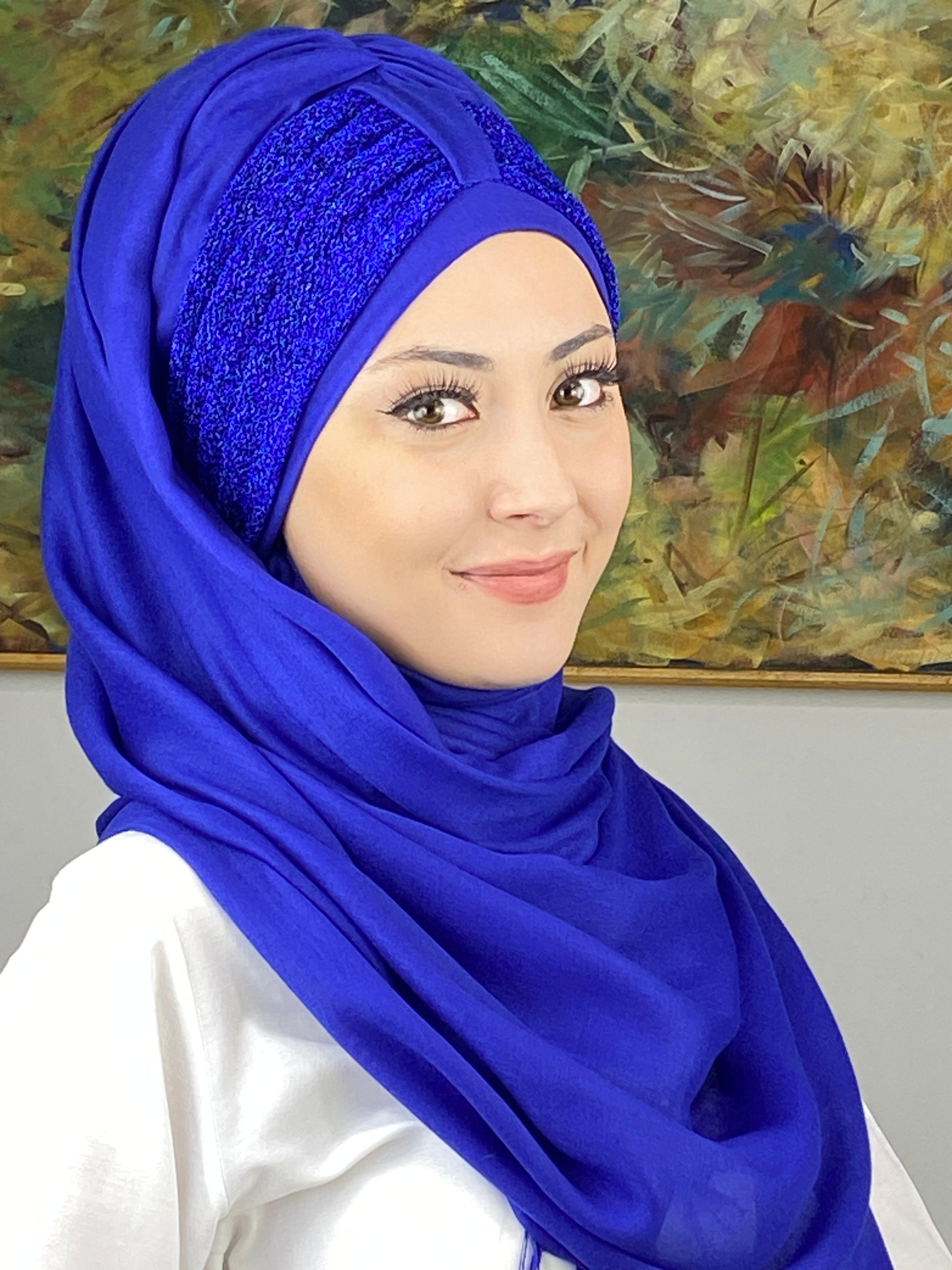 Tek Birirtli Büzgülü Hazır Türban Saks Mavisi Şal
