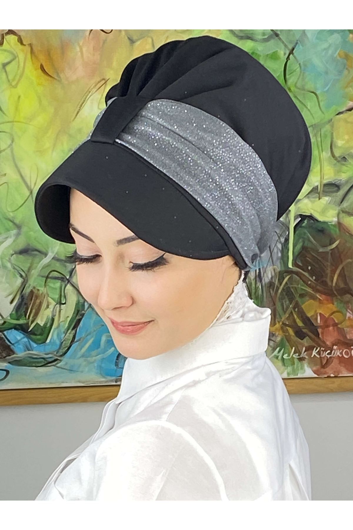 Cırtcırtlı Gri Simli Şifon Fularlı Şapka