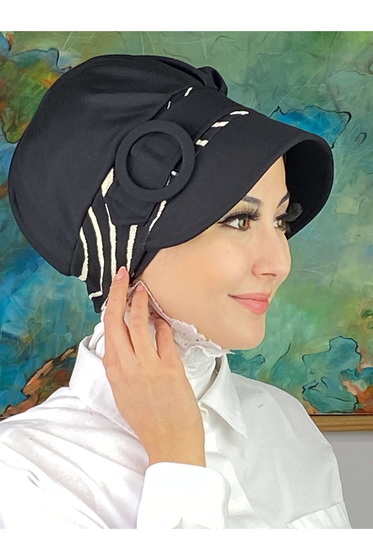 Nazlı Model Tokalı Zebra Desenli Tesettür Siyah Şapka