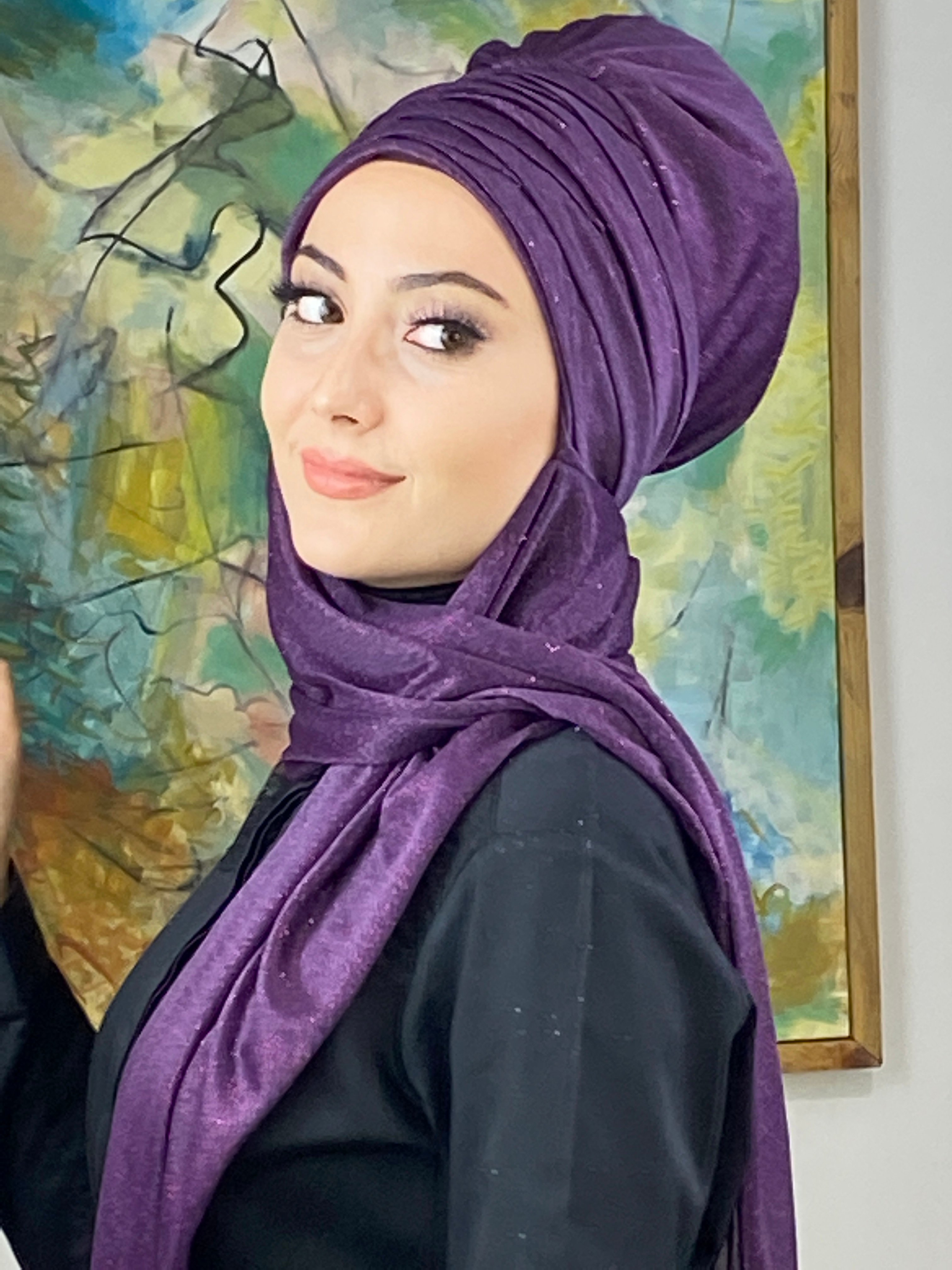 Simli Mor Atkılı Abiye Tesettür Bone