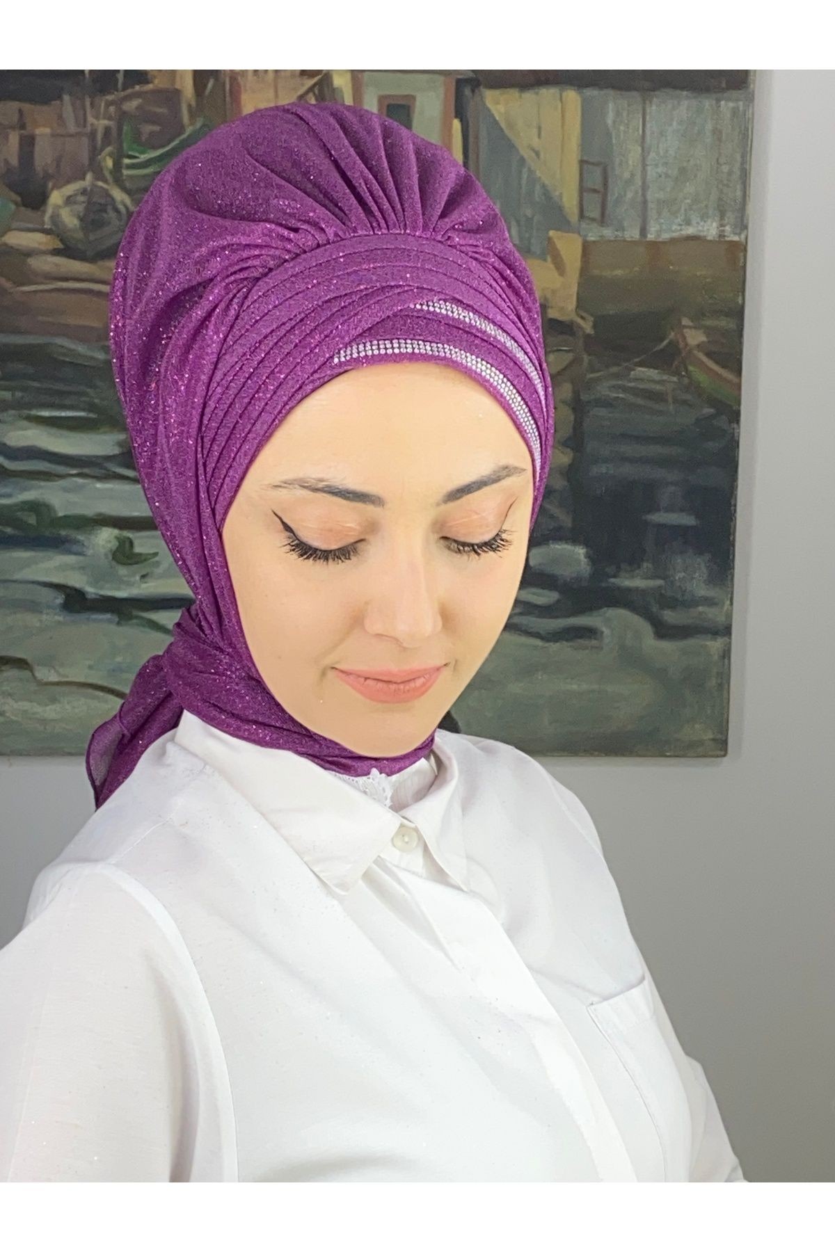 Gümüş Taşlı Drape Detaylı Simli Şal