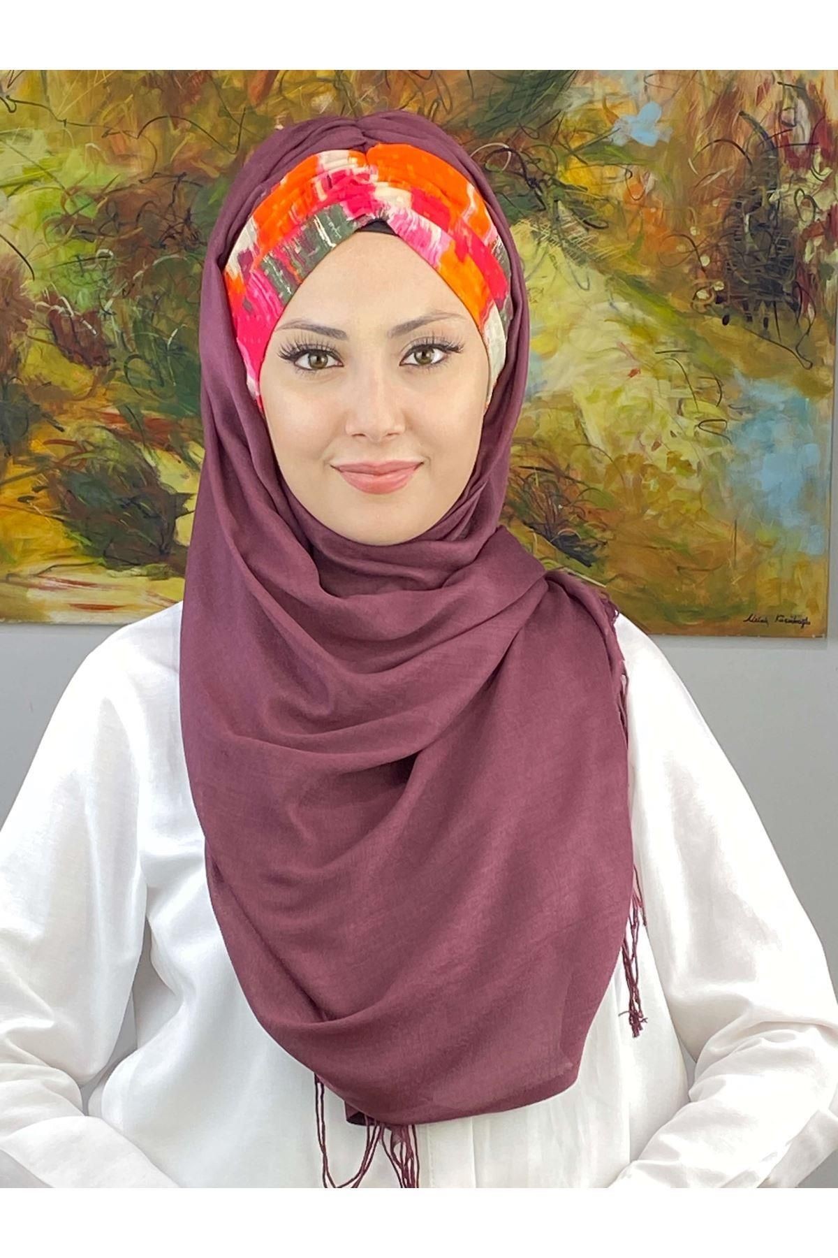 Zebra Desenli Açık Mürdüm Büzgülü Hazır Şal