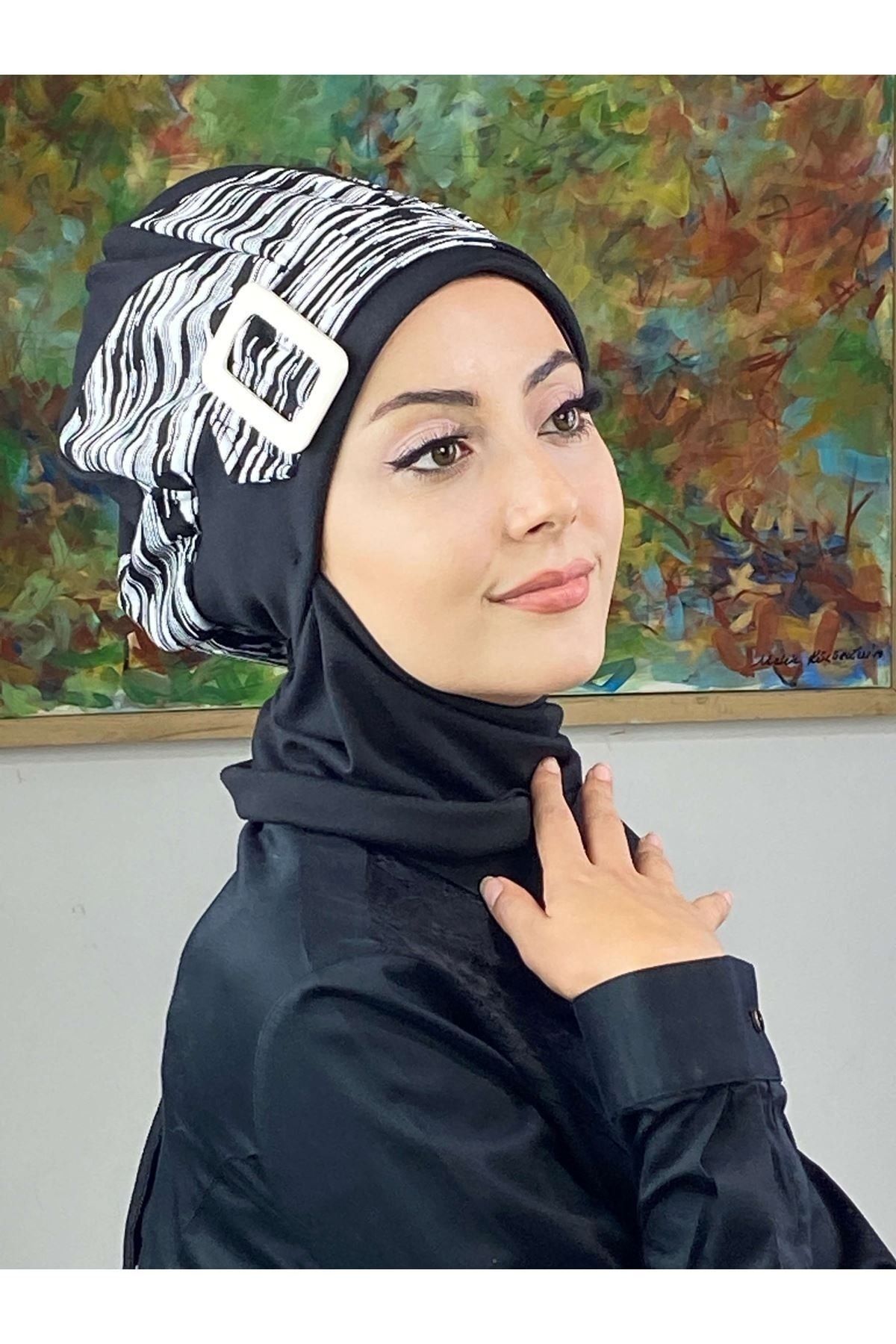 Çarkıfelek Siyah Çizgili Desenli Atkılı Tesettür Bere