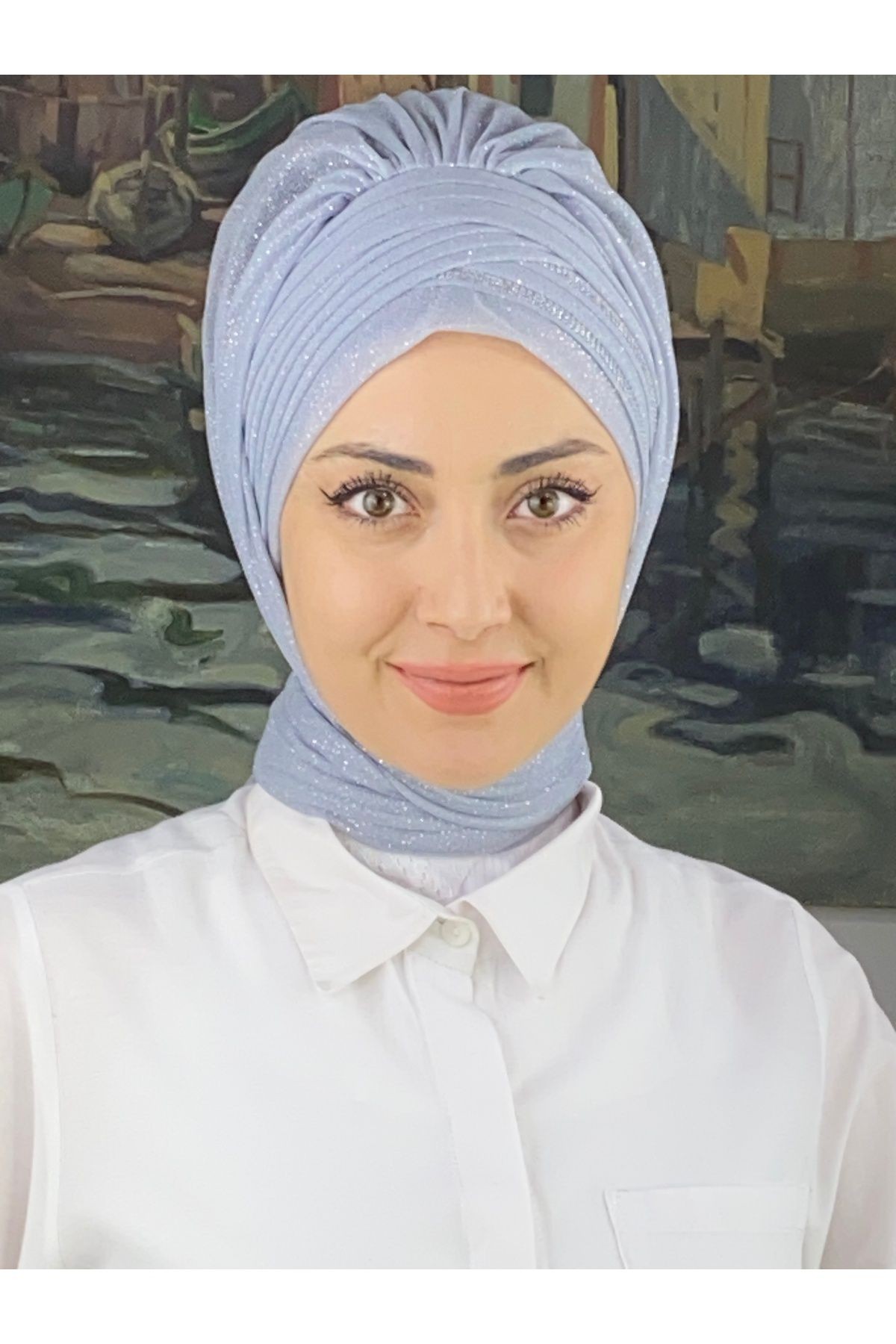 Gümüş Taşlı Drape Detaylı Simli Şal
