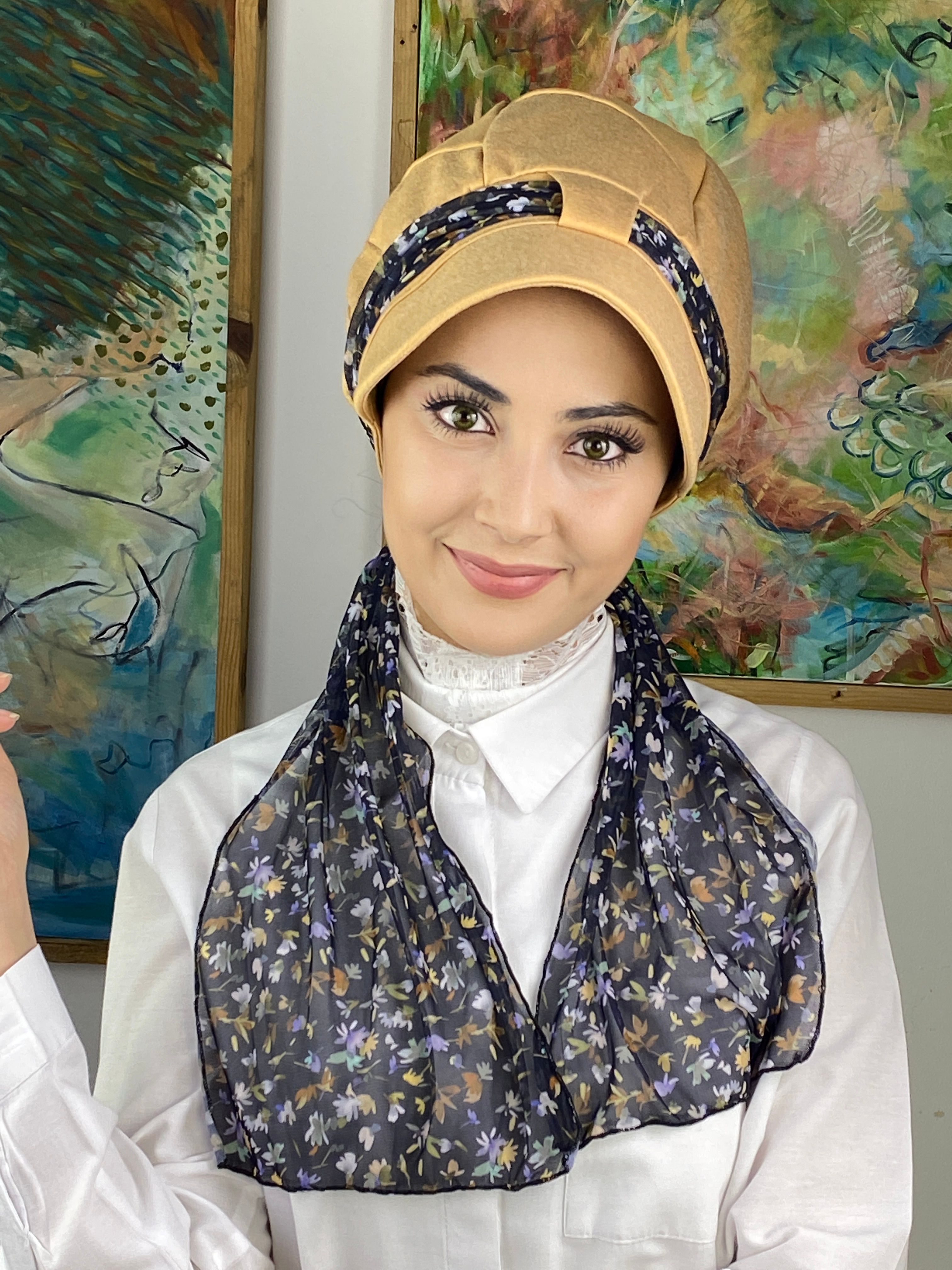 Tek Biritli Fularlı Şapka - Devetüyü -  Renkli çiçekli