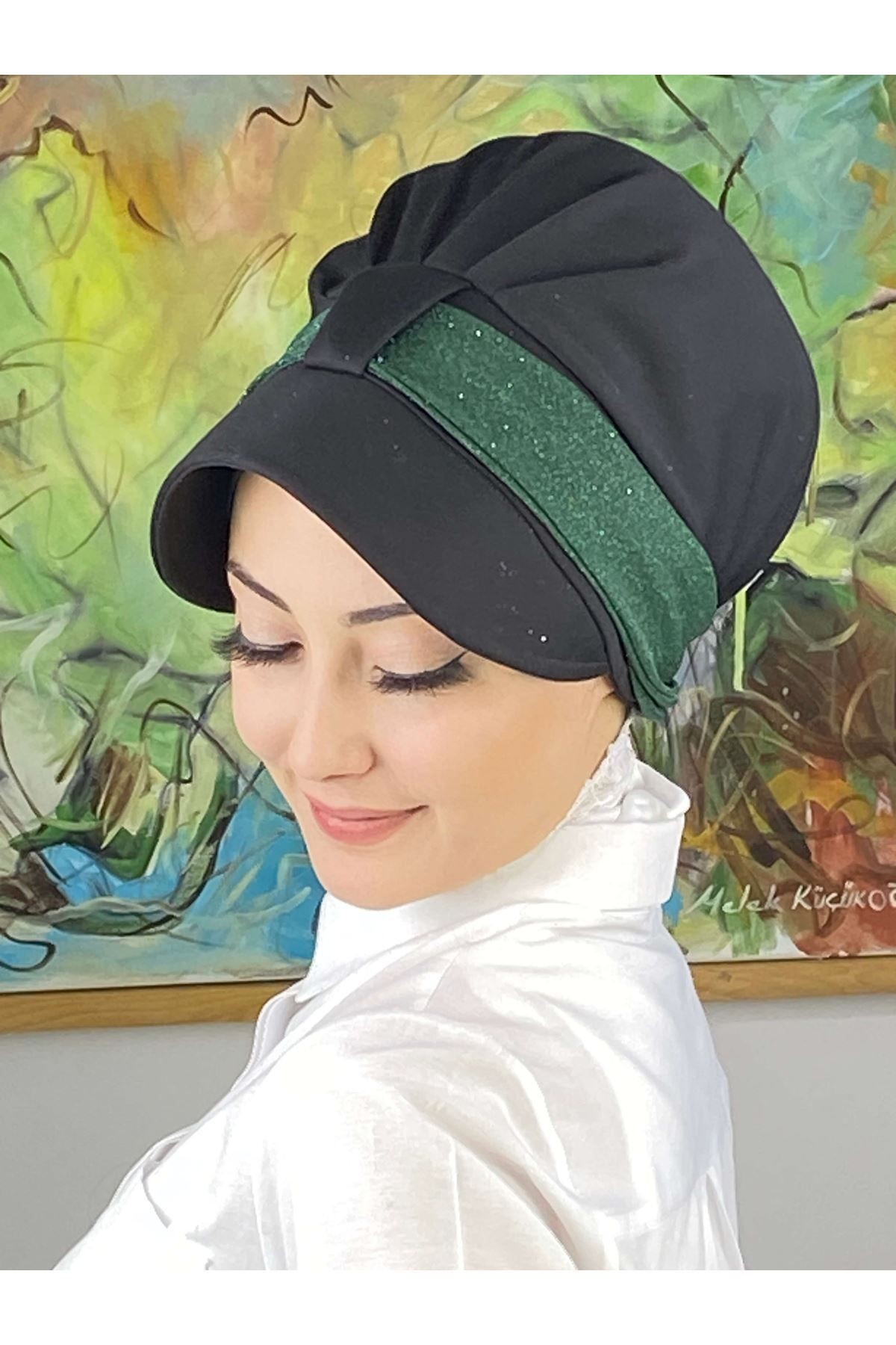 Cırtcırtlı Nane Yeşili Simli Şifon Fularlı Şapka