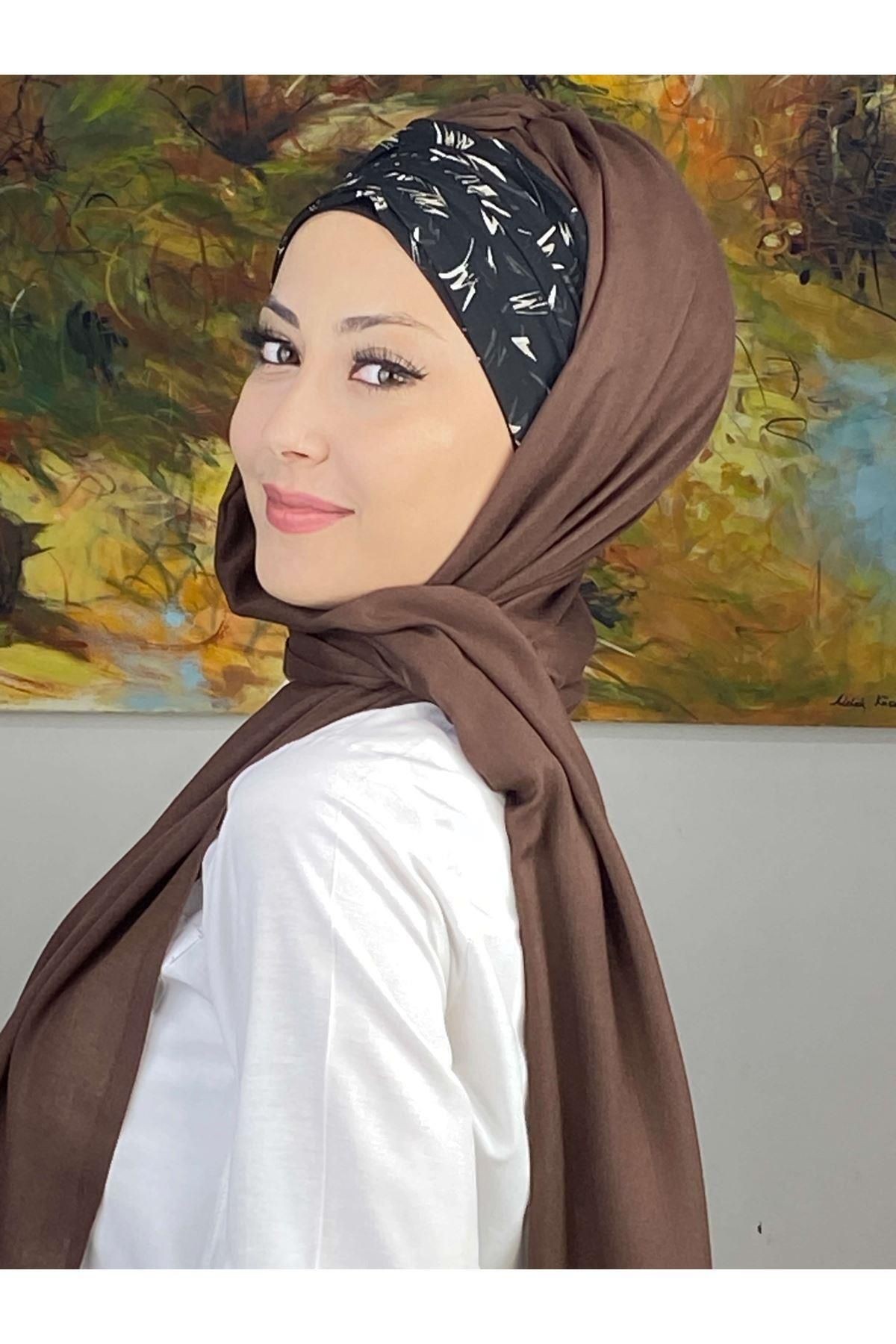 Siyah Beyaz Desenli Sepya Büzgülü Hazır Şal