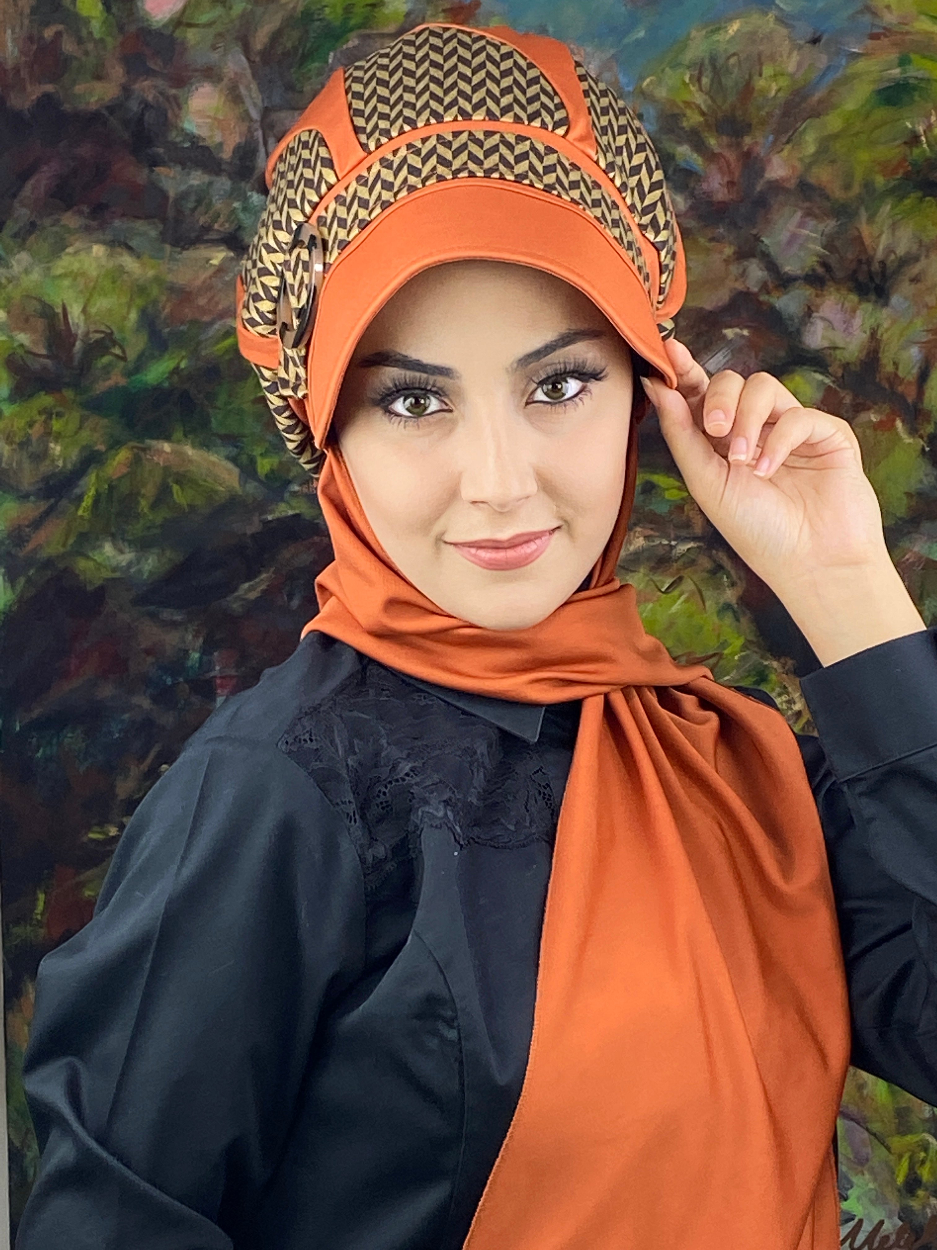 Damlo Model Başak Desenli Tesettür Şapka Şal - turuncu_