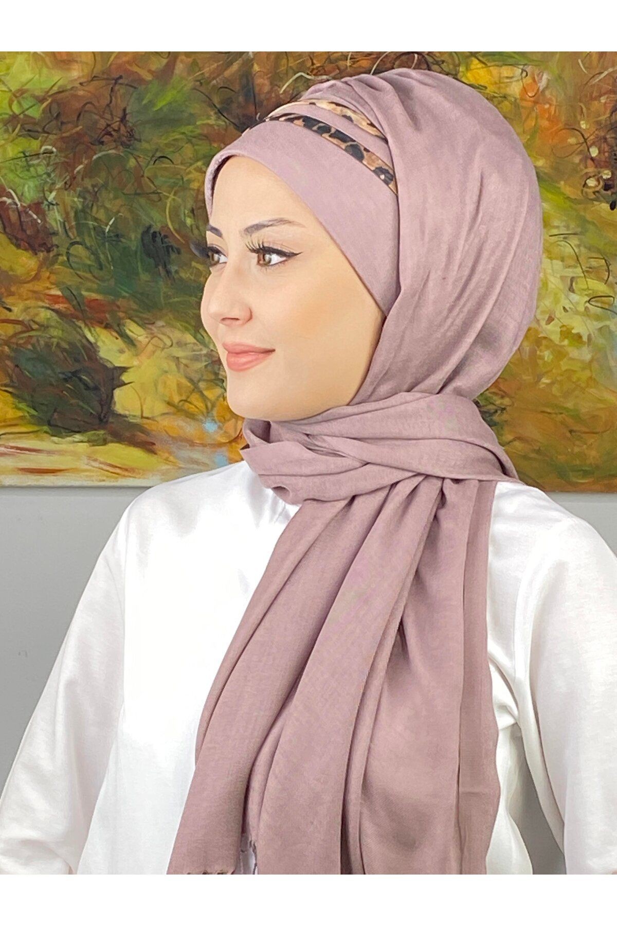 Saray Model Leopar Şerit Desenli Açık Lila Hazır Şal