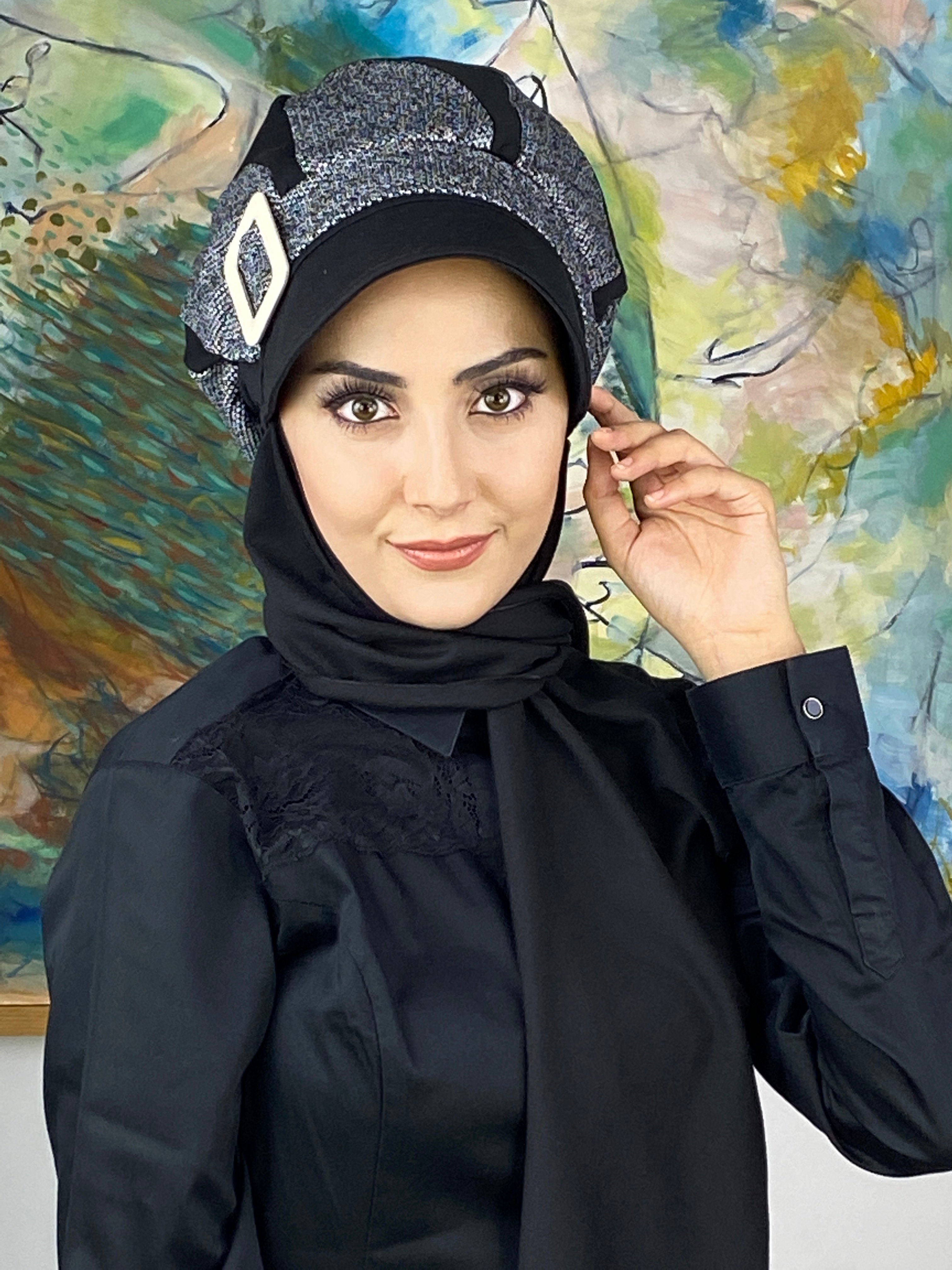 Damla Model Kırçıllı Triko Tesettür Tesettür Şapka Şal - siyah-