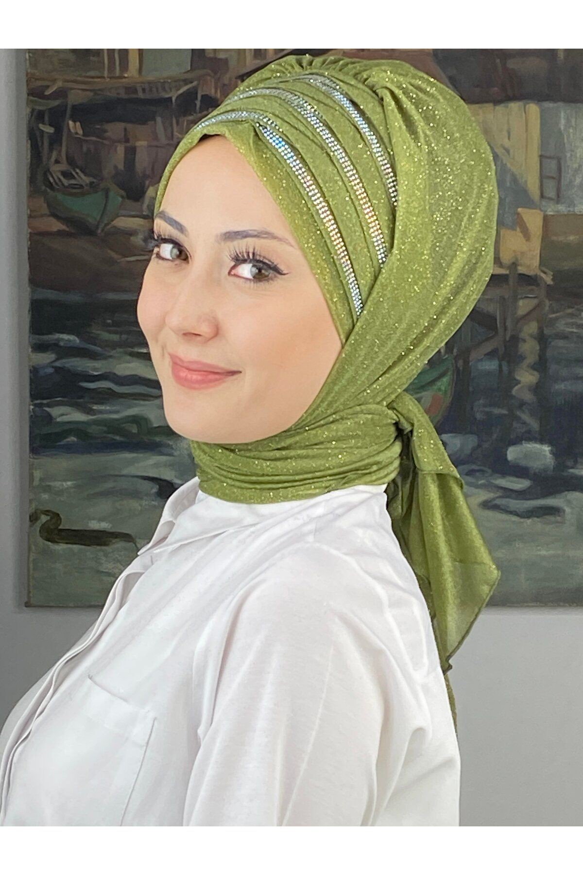 Lüks Topkapı Model Taşlı Simli Kısa Abiye Açık Yağ Yeşili Hazır Şal