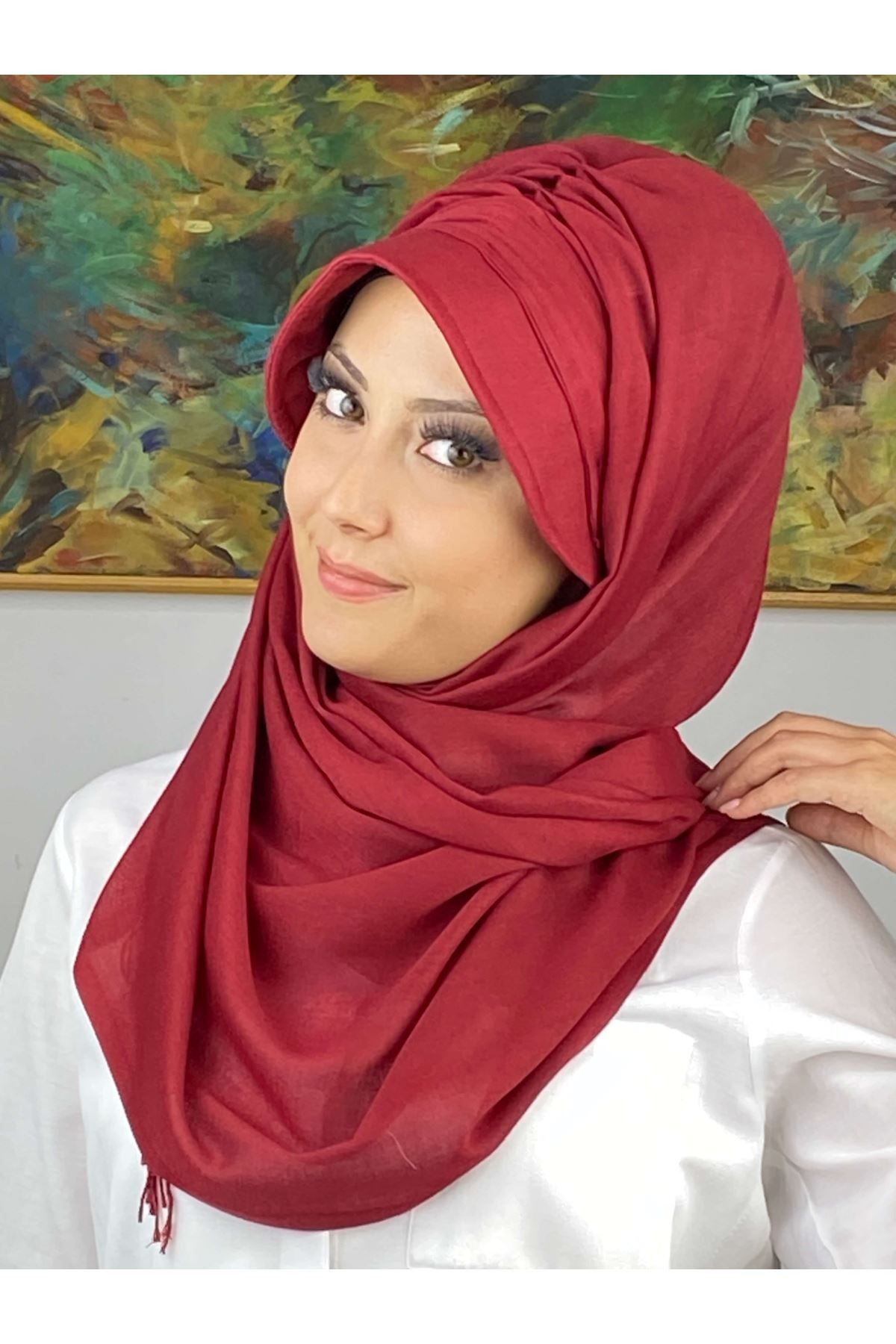 Bordo Renkli Tokalı Siperli Şapka Şal