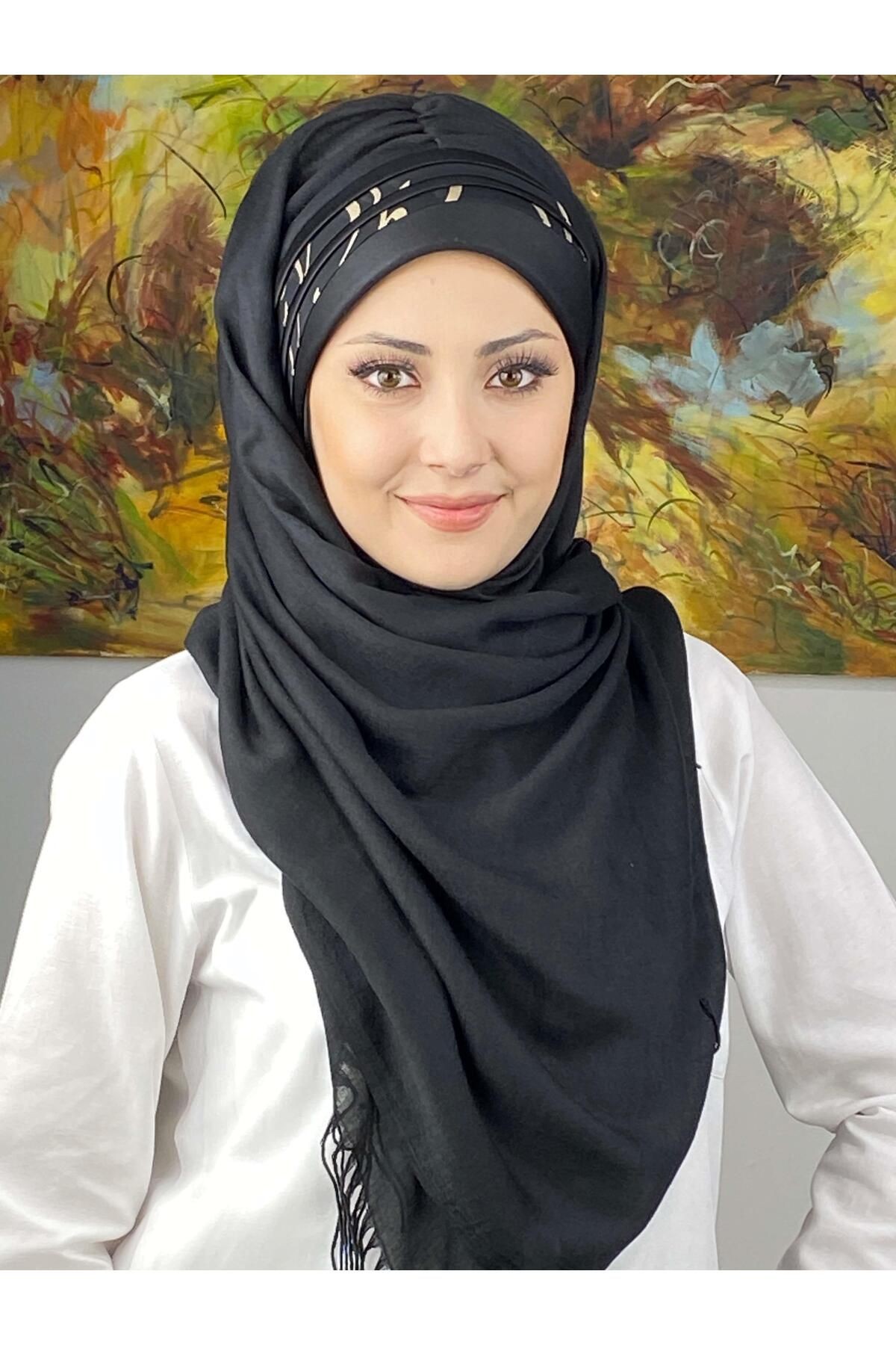 Saray Model Yan Drapeli Siyah Şeritli Desen Hazır Şal