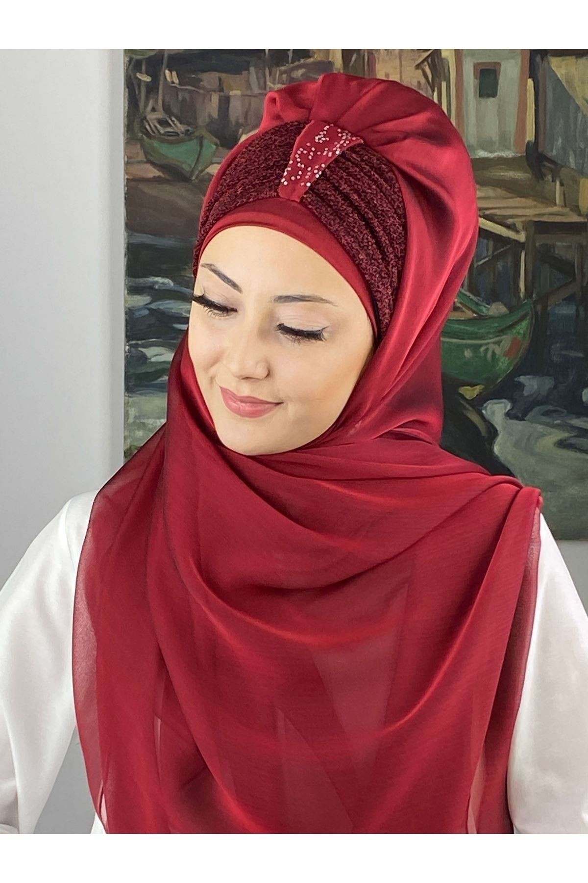 Tek Biritli Sultan Model Büzgülü Fransız Şifon Bordo Hazır Şal