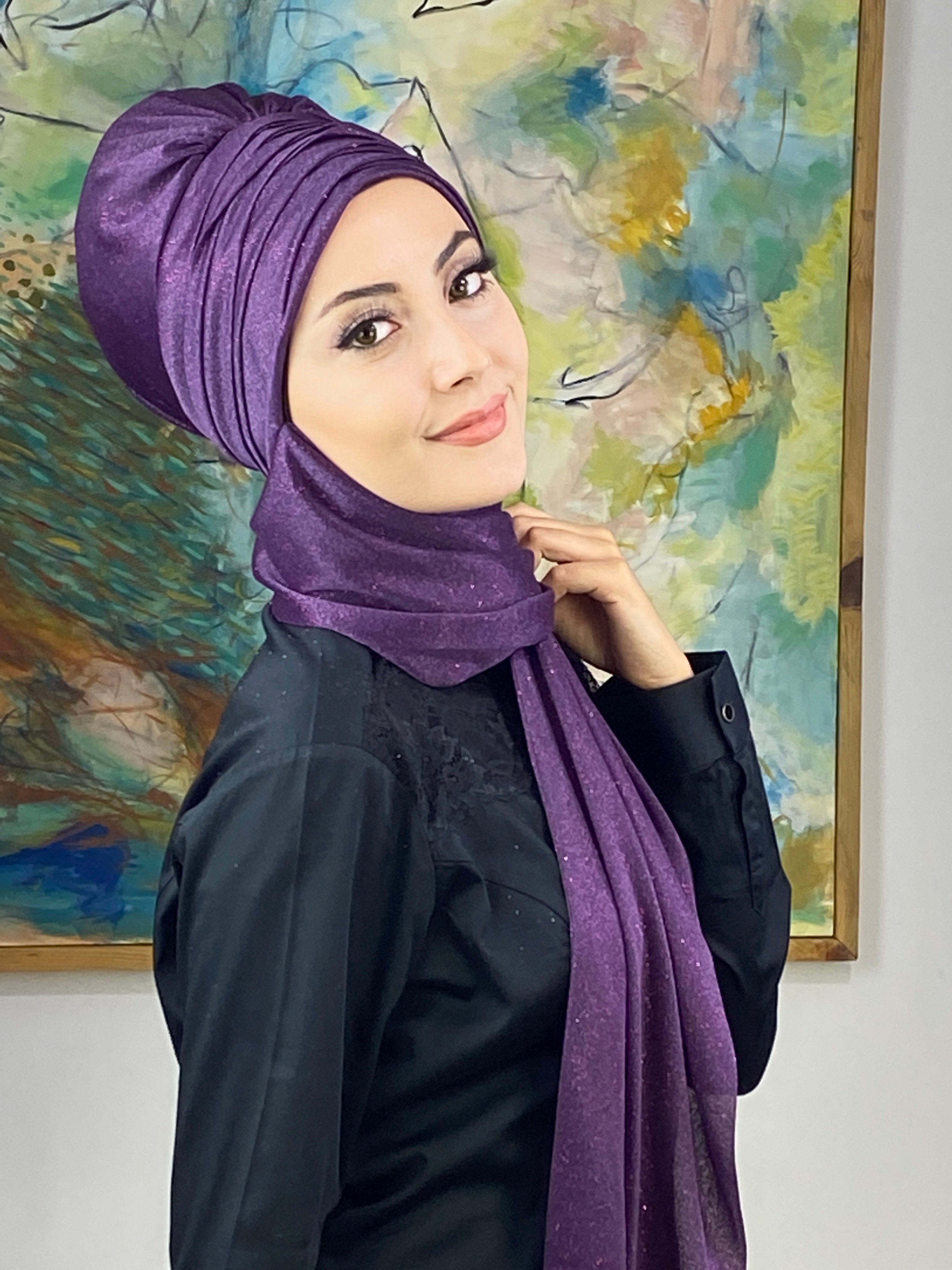 Simli Mor Atkılı Abiye Tesettür Bone