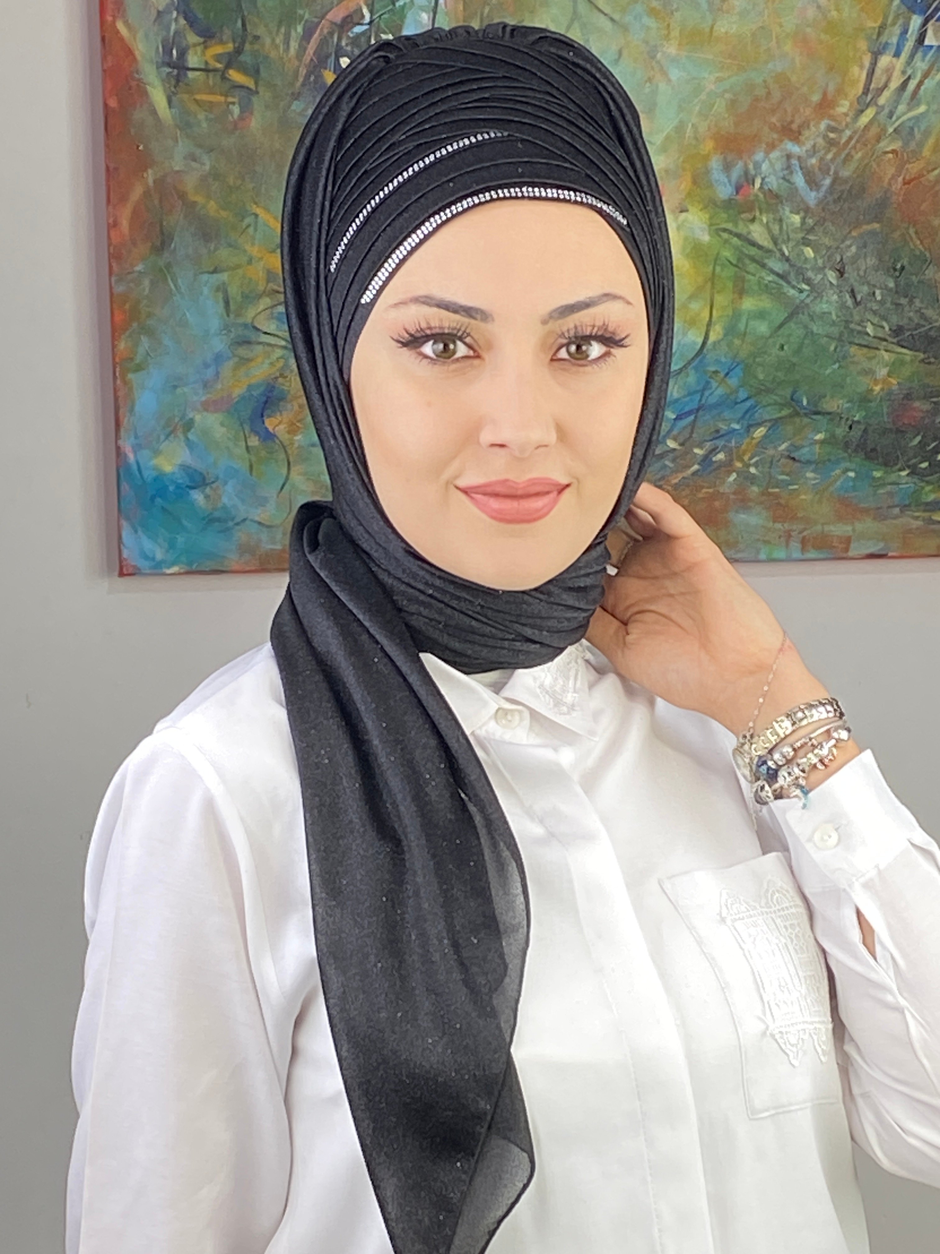 Dilber Model Çok Drapeli Çift Sıra Taşlı Abiye Simli Şal