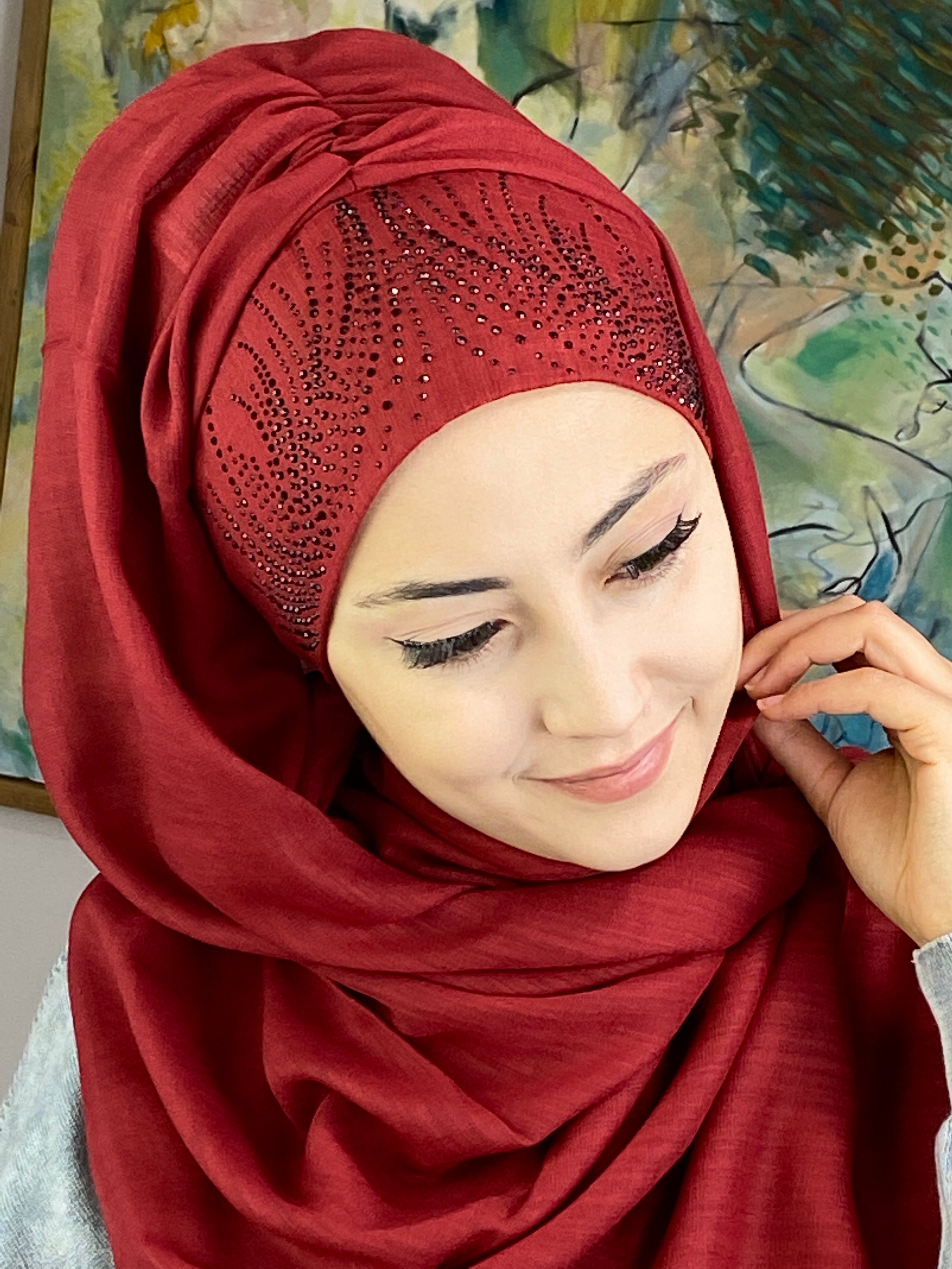 İhtişamlı Taşlı Model Şal - koyu bordo-