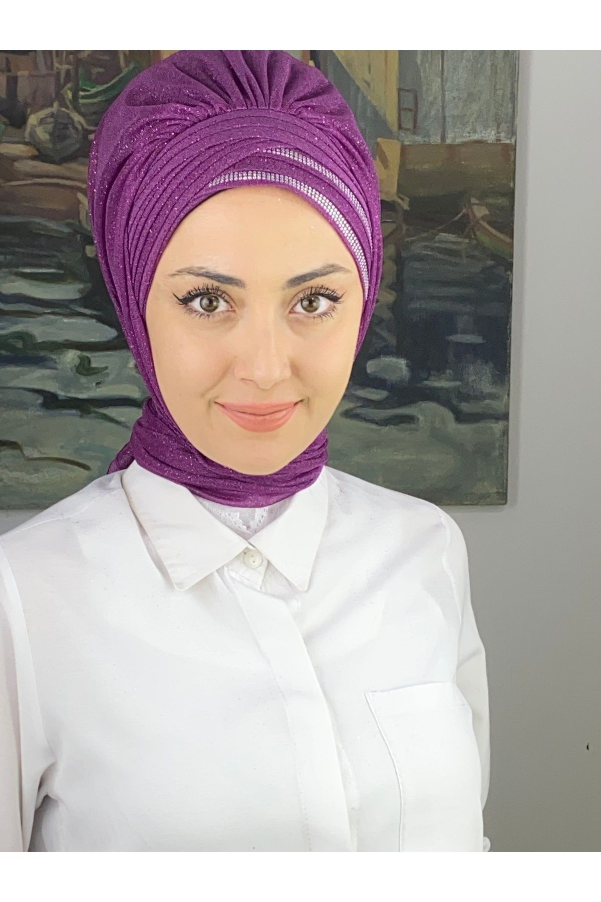 Gümüş Taşlı Drape Detaylı Simli Şal