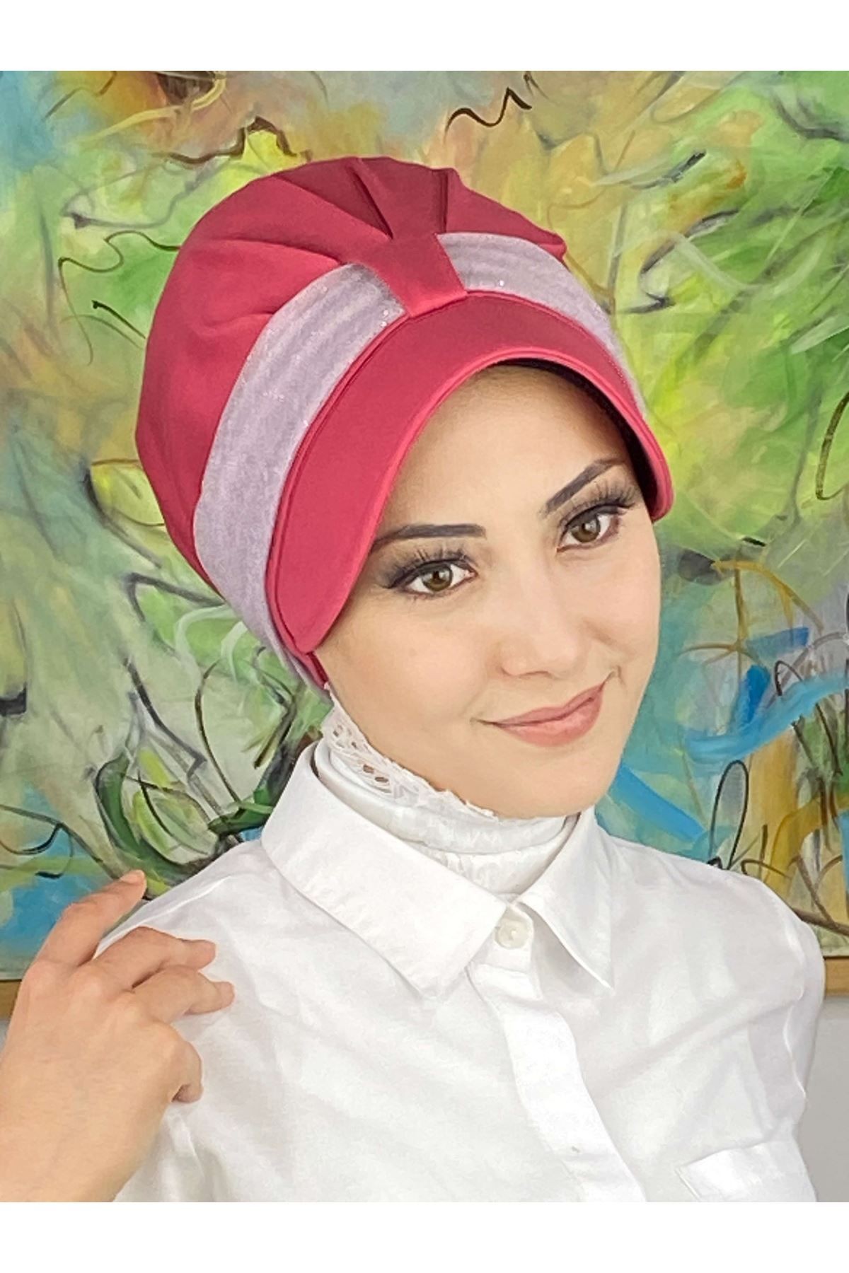 Cırtcırtlı Açık Lila Şifon Fularlı Şapka