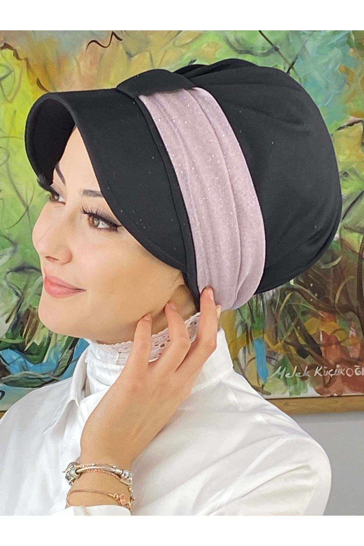 Cırtcırtlı Toz Pembe Simli Şifon Fularlı Şapka