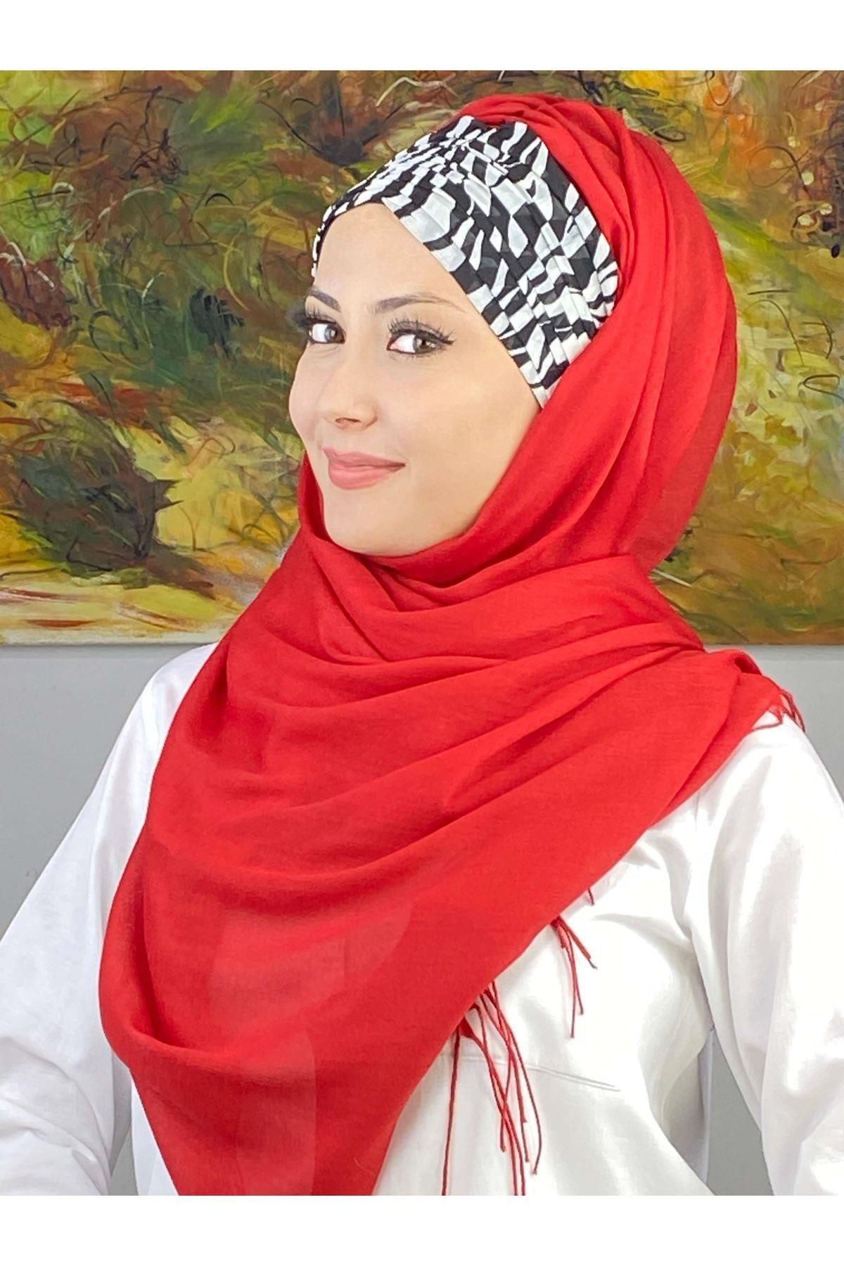 Zebra Desenli Kırmızı Büzgülü Hazır Şal