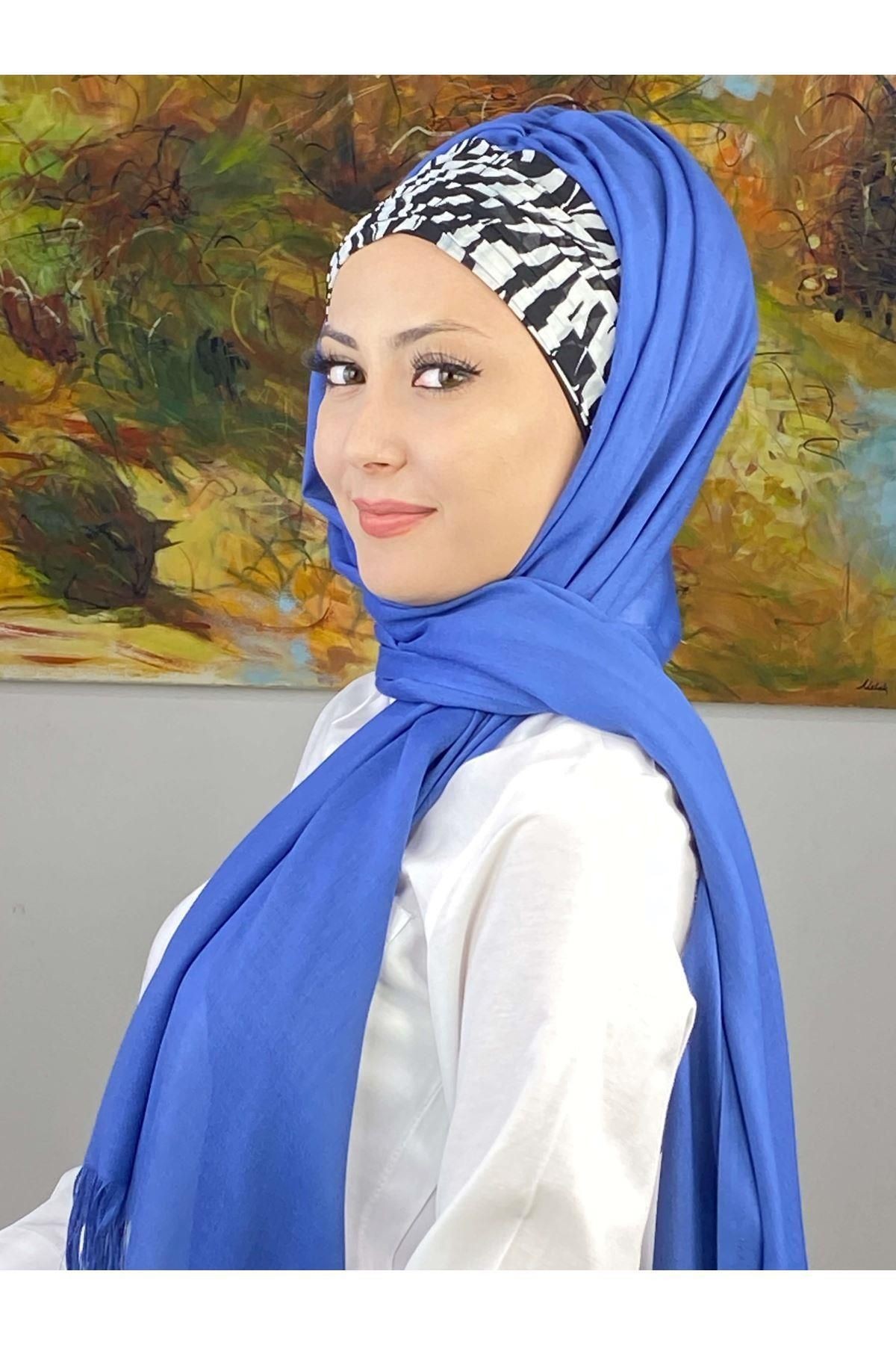 Zebra Desenli İndigo Büzgülü Hazır Şal