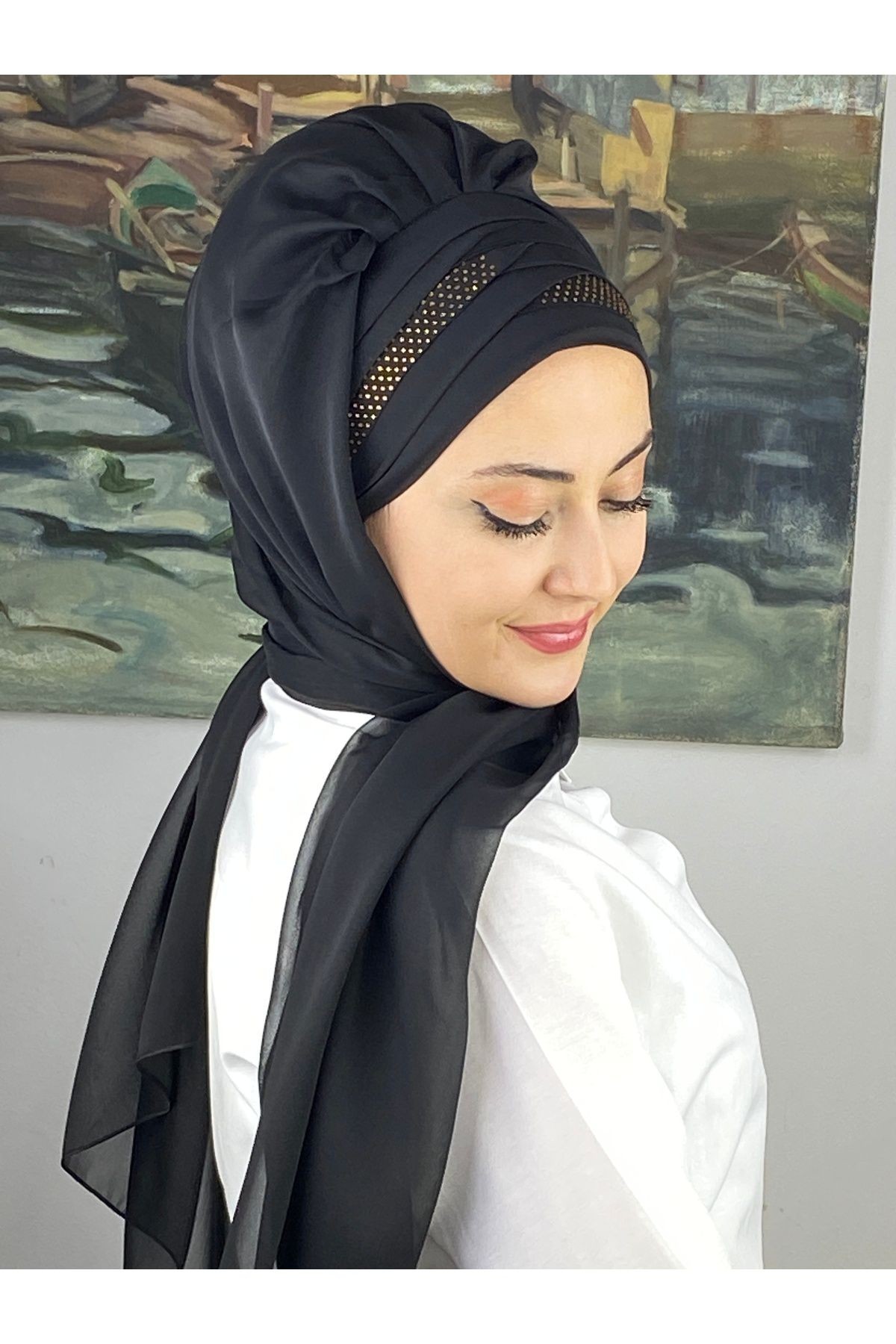 Mihrimah Altın Taşlı Fransız Şifon Hazır Şal