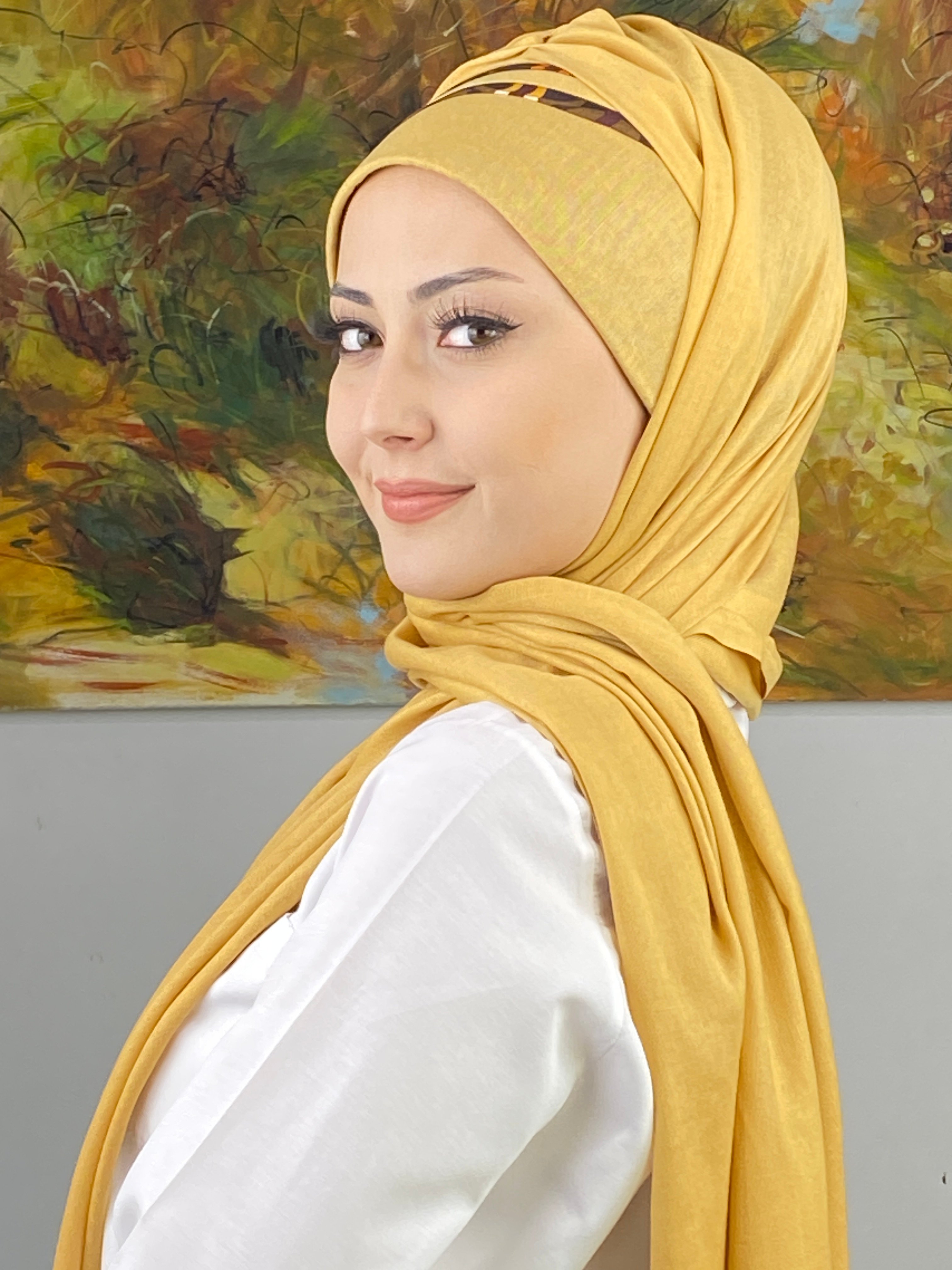 Saray Model Retro Desenli Açık Hardal Hazır Şal