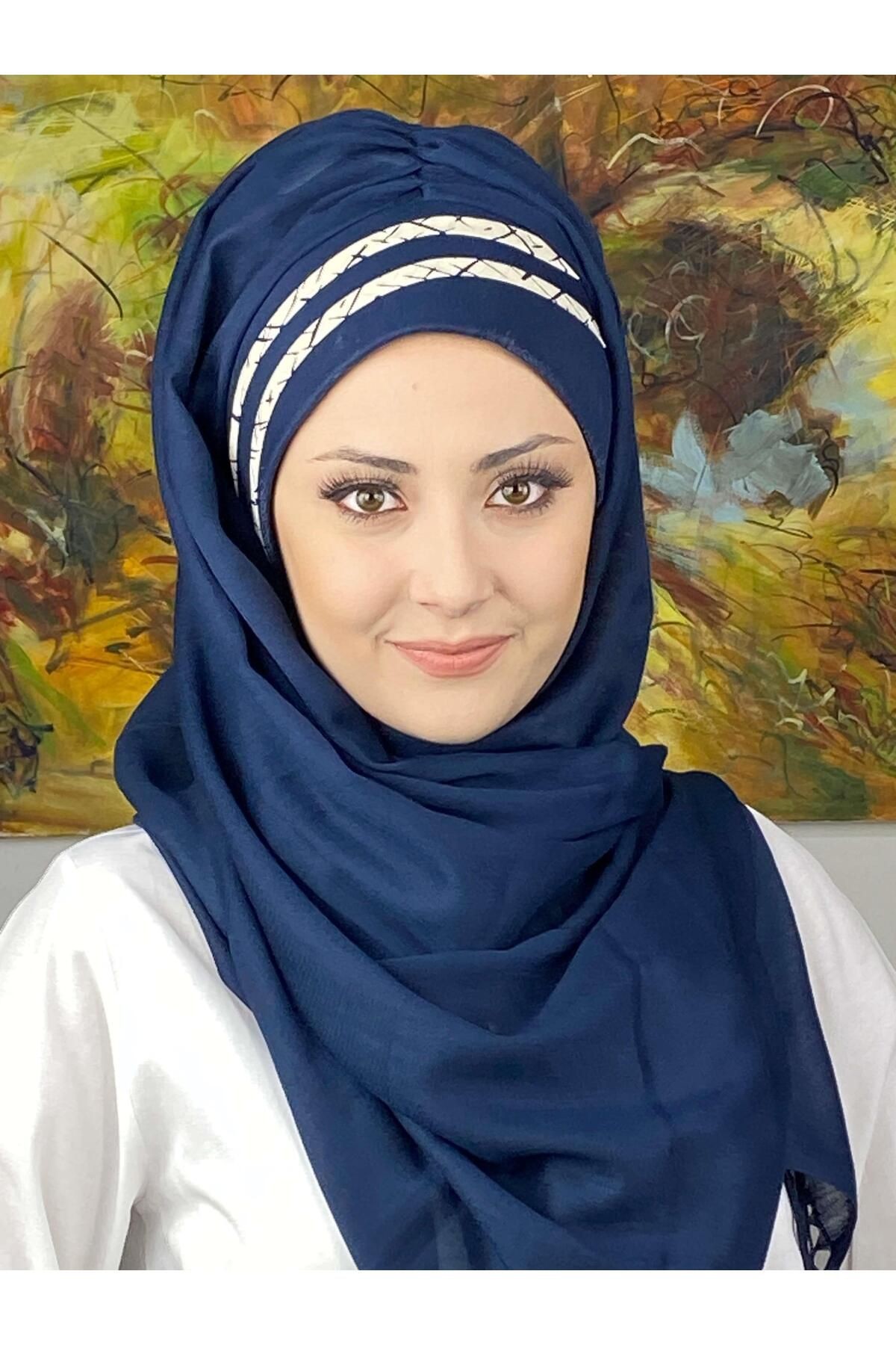 Saray Model Yan Drapeli Krem Şeritli Desen Hazır Şal