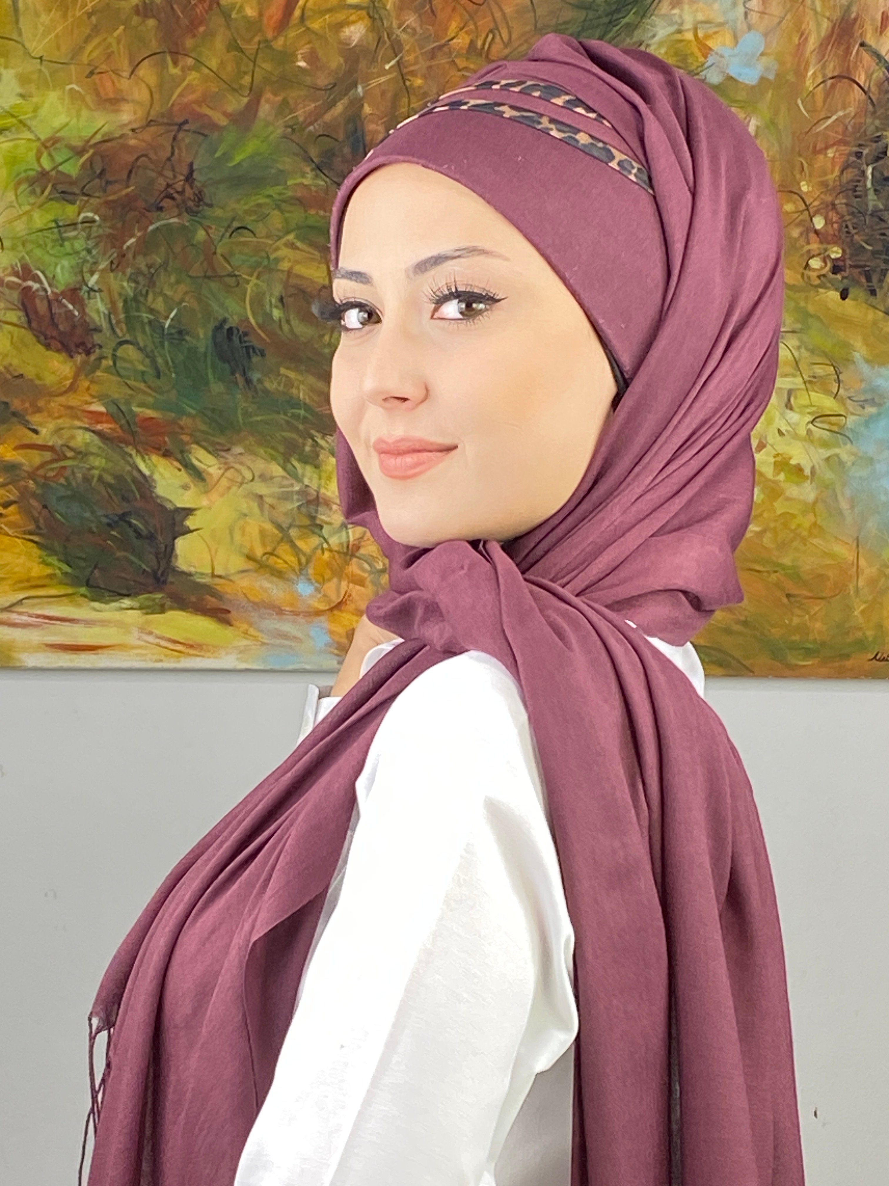 Saray Model İri Leopar Desenli Açık Mürdüm Hazır Şal