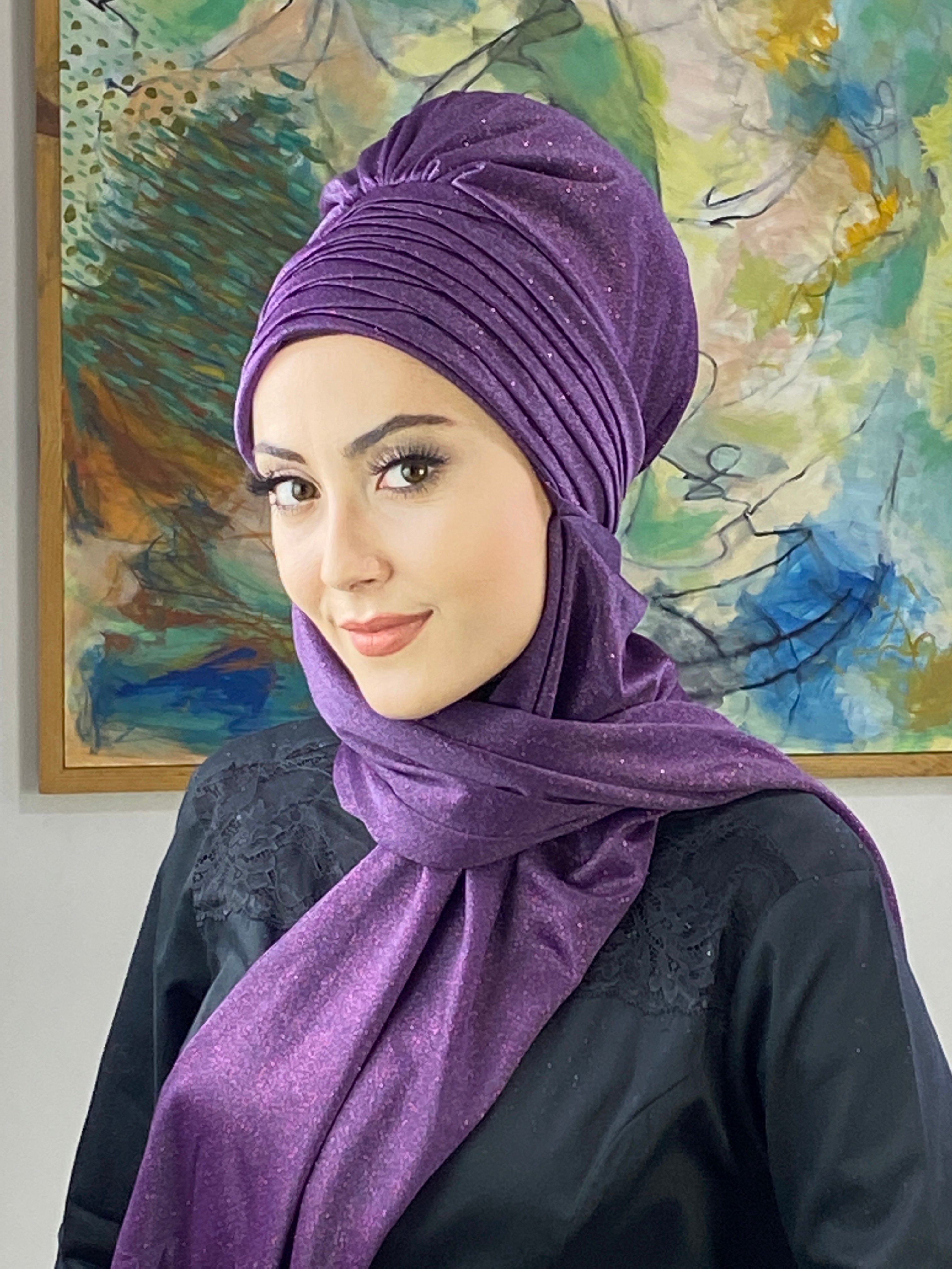 Simli Mor Atkılı Abiye Tesettür Bone