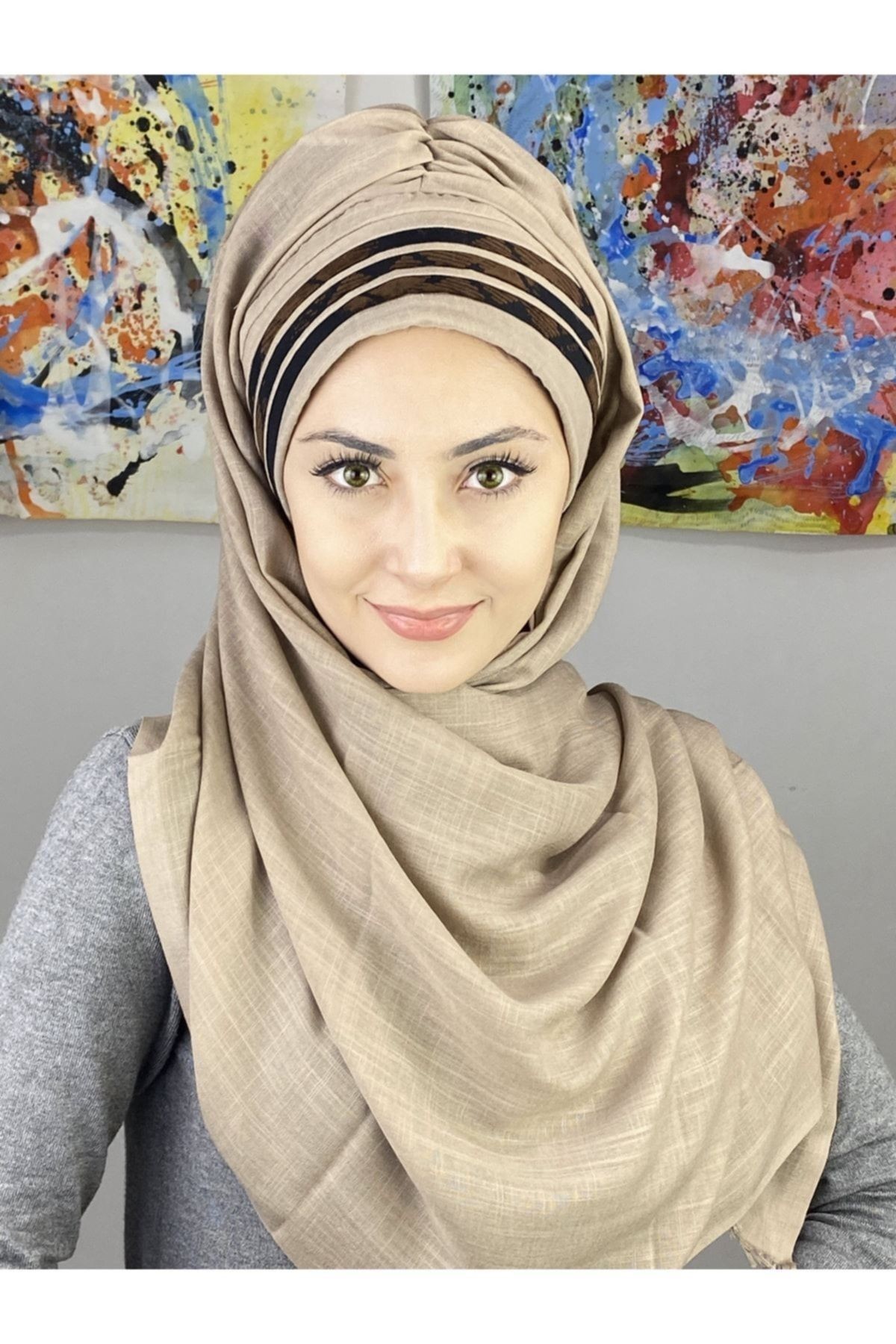 Taş Renkli Asimetrik Koyu Kahve Drapeli Şal