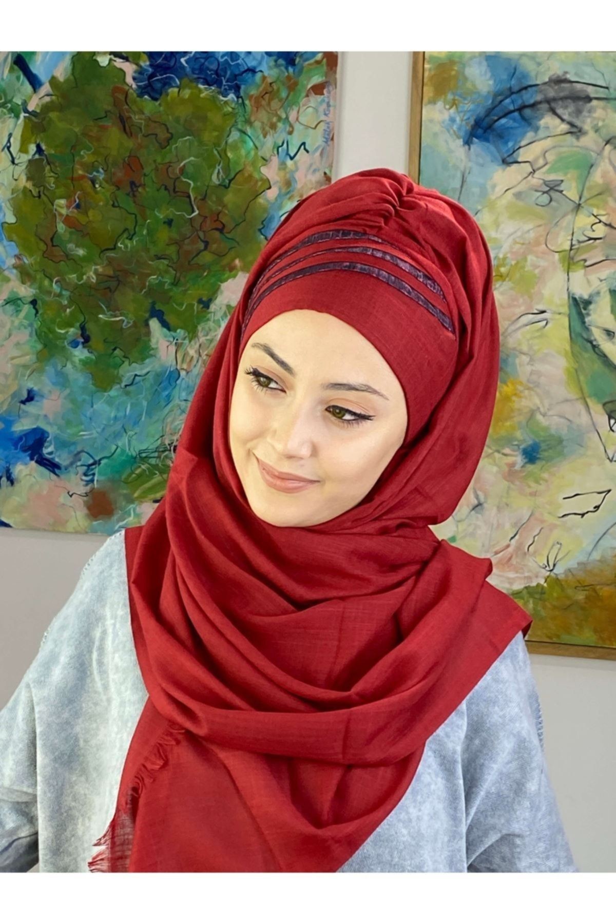 Bordo Renkli Yan Drapeli Tül Detaylı Hazır Şal