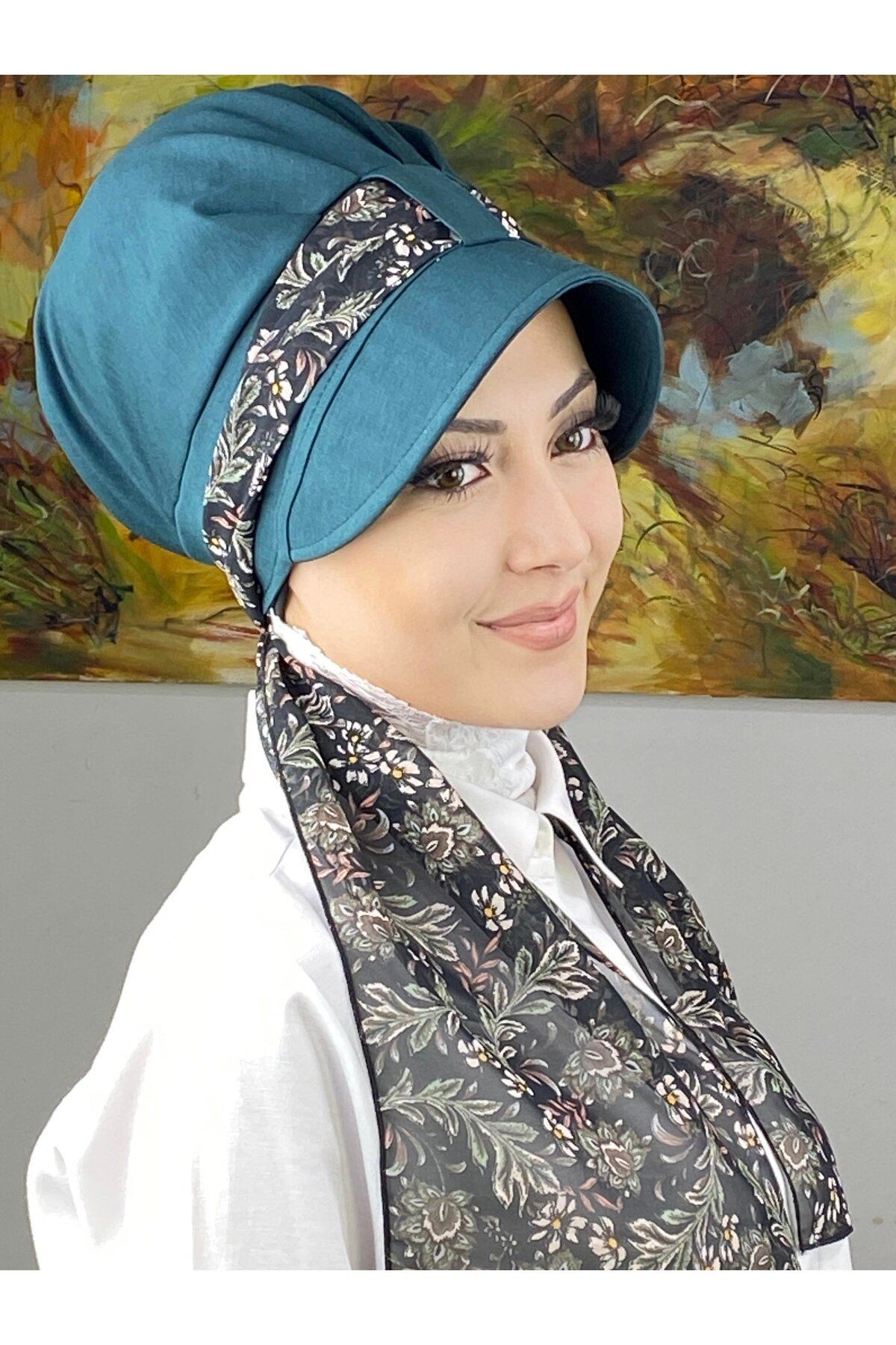 Floral Desenli Tek Biritli Fularlı Şapka