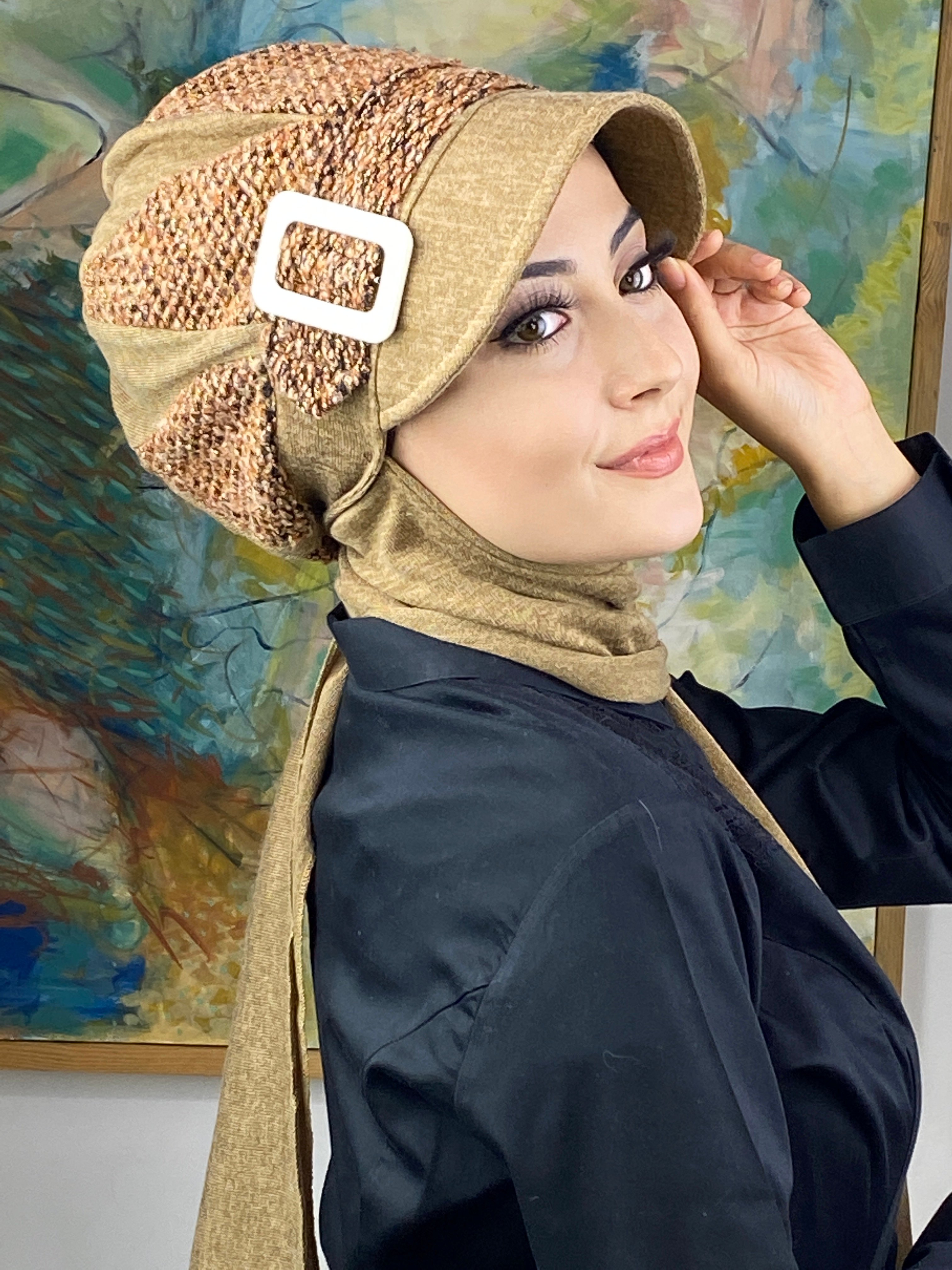 Damla Modell Haroşa Örgü Desenli Tesettür Şapka Şal