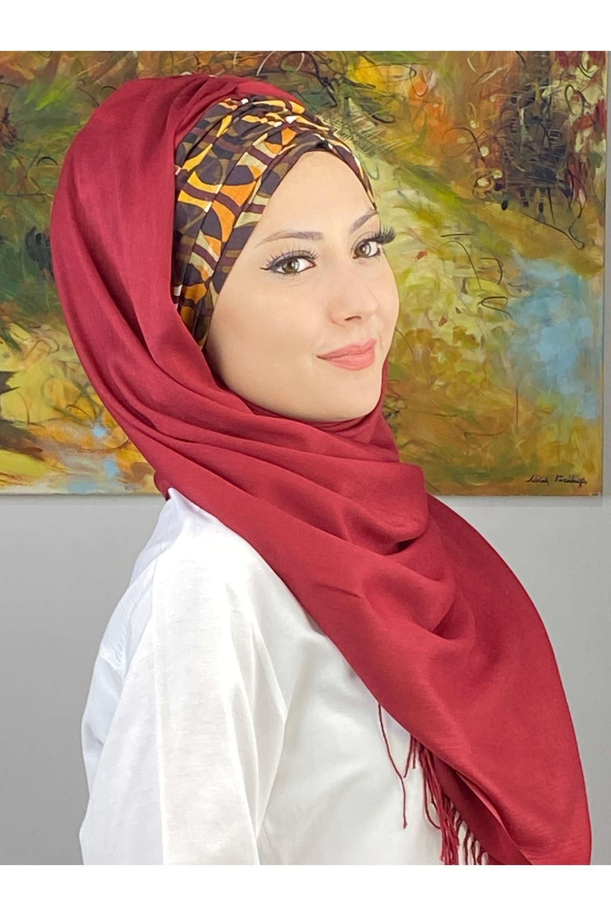 Geometrik Desenli Bordo Büzgülü Hazır Şal