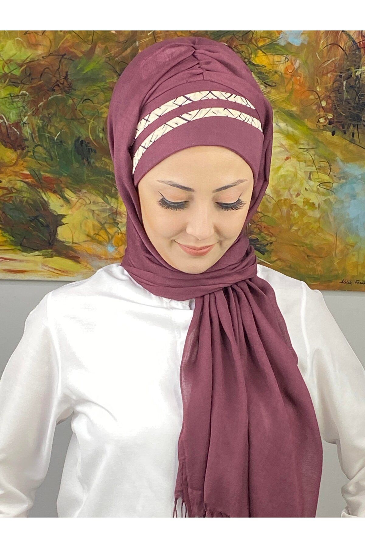 Saray Model Krem Şerit Desenli Açık Mürdüm Hazır Şal