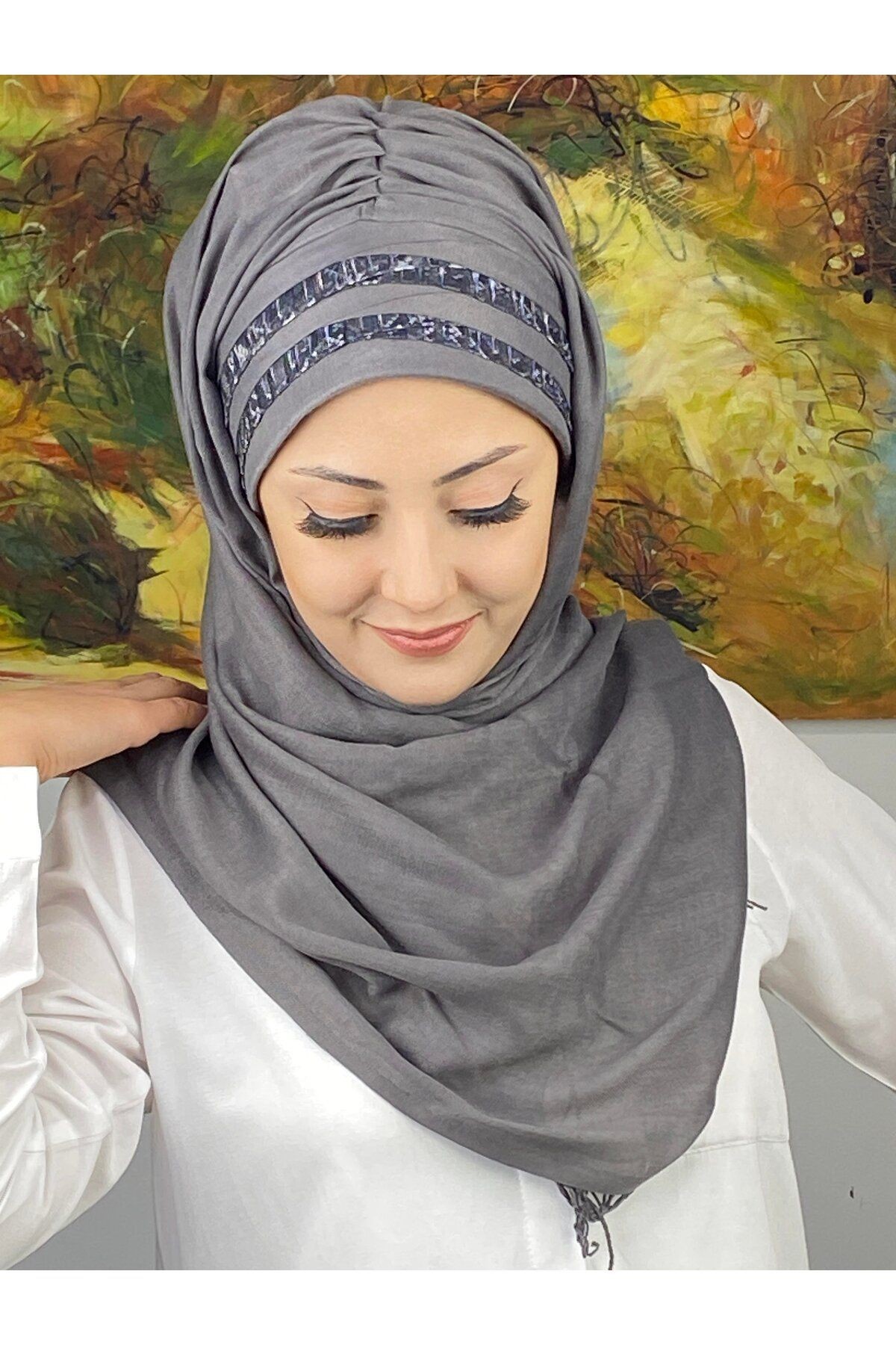 Topkapı Model Gri Soyut Desenli Şeritli Koyu Gri Hazır Şal