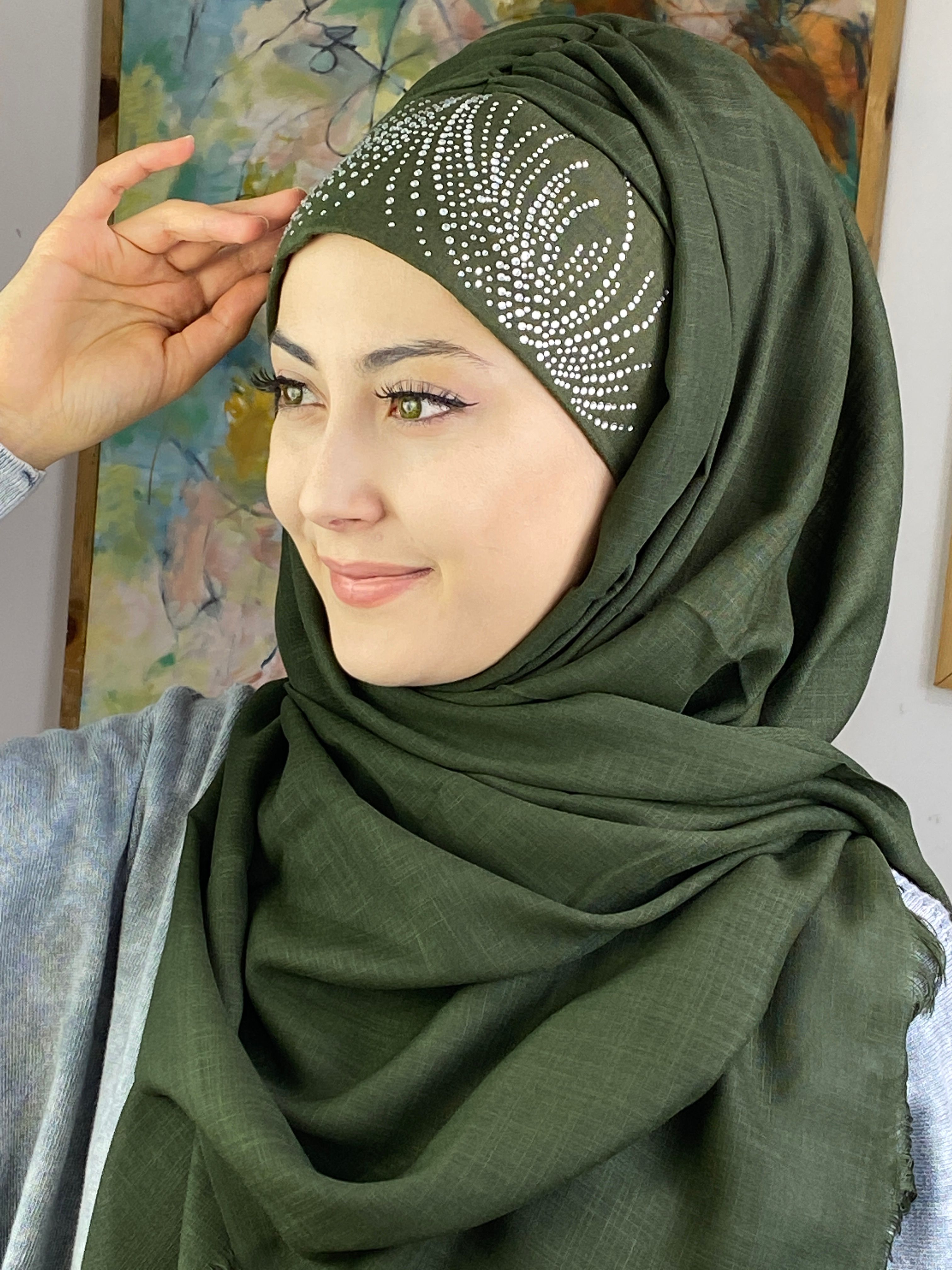 İhtişamlı Taşlı Model Şal - kına yeşili