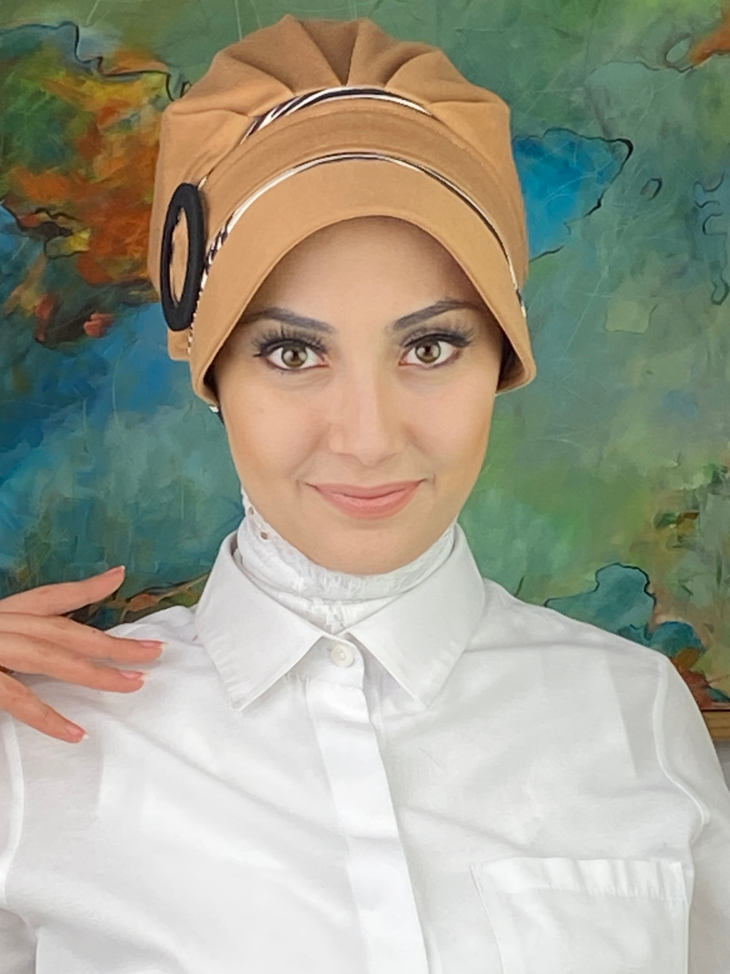 Nazlı Model Tokalı İnce Çizgili Zebra Desen Tesettür Şapka