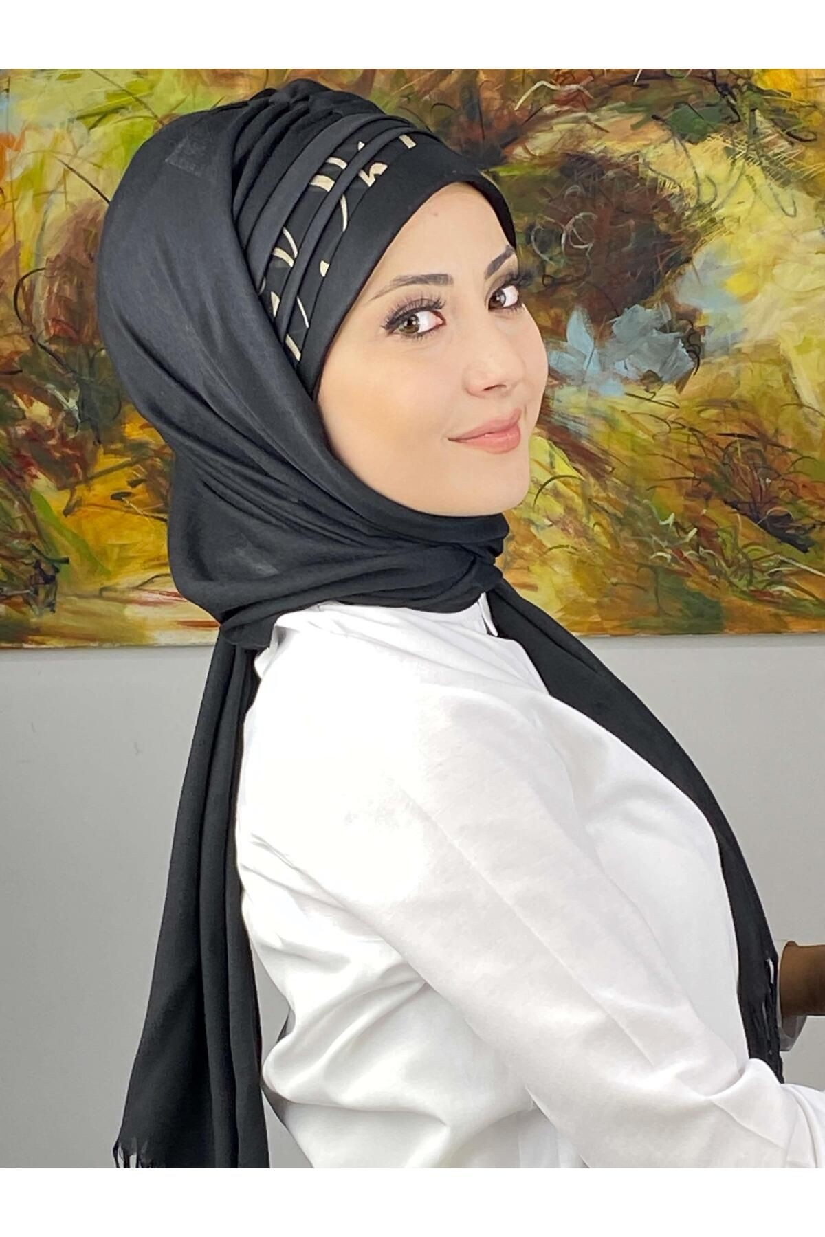 Saray Model Yan Drapeli Siyah Şeritli Desen Hazır Şal