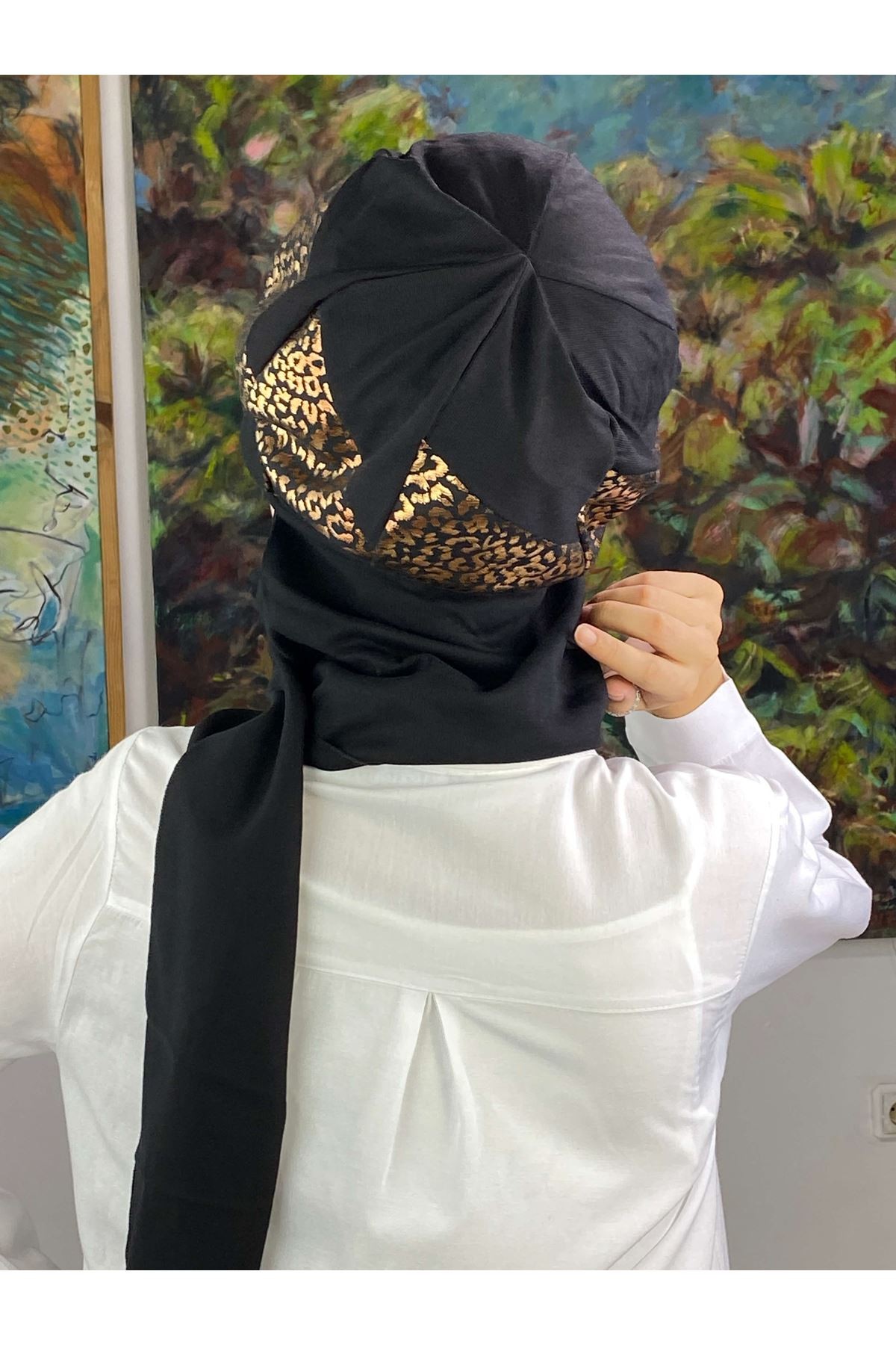 Bakır Leopar Desenli Tokalı Şapka Şal