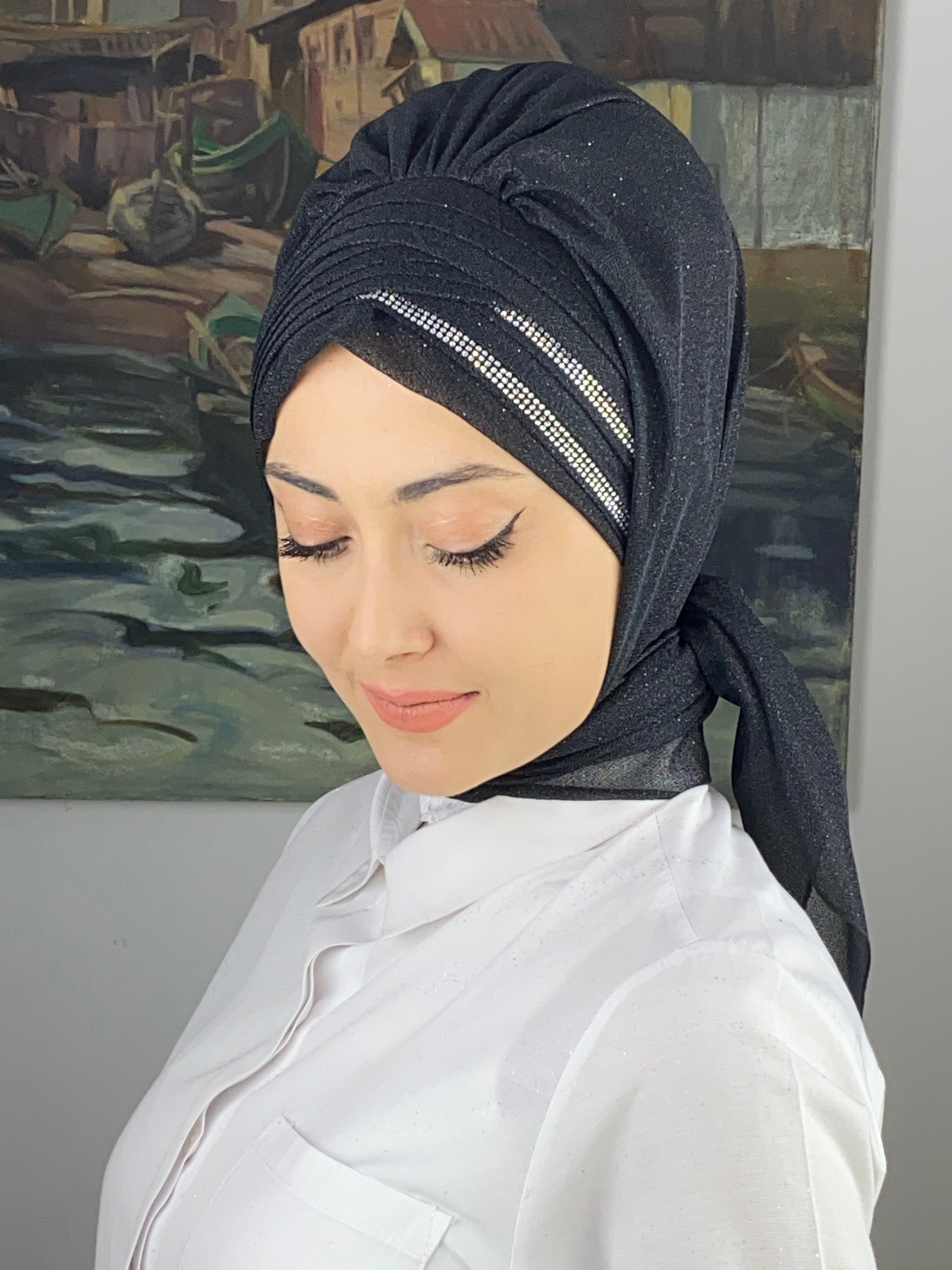Çırağan Çok Drapeli GümüşTaşlı Simli Şifon Hazır Şal