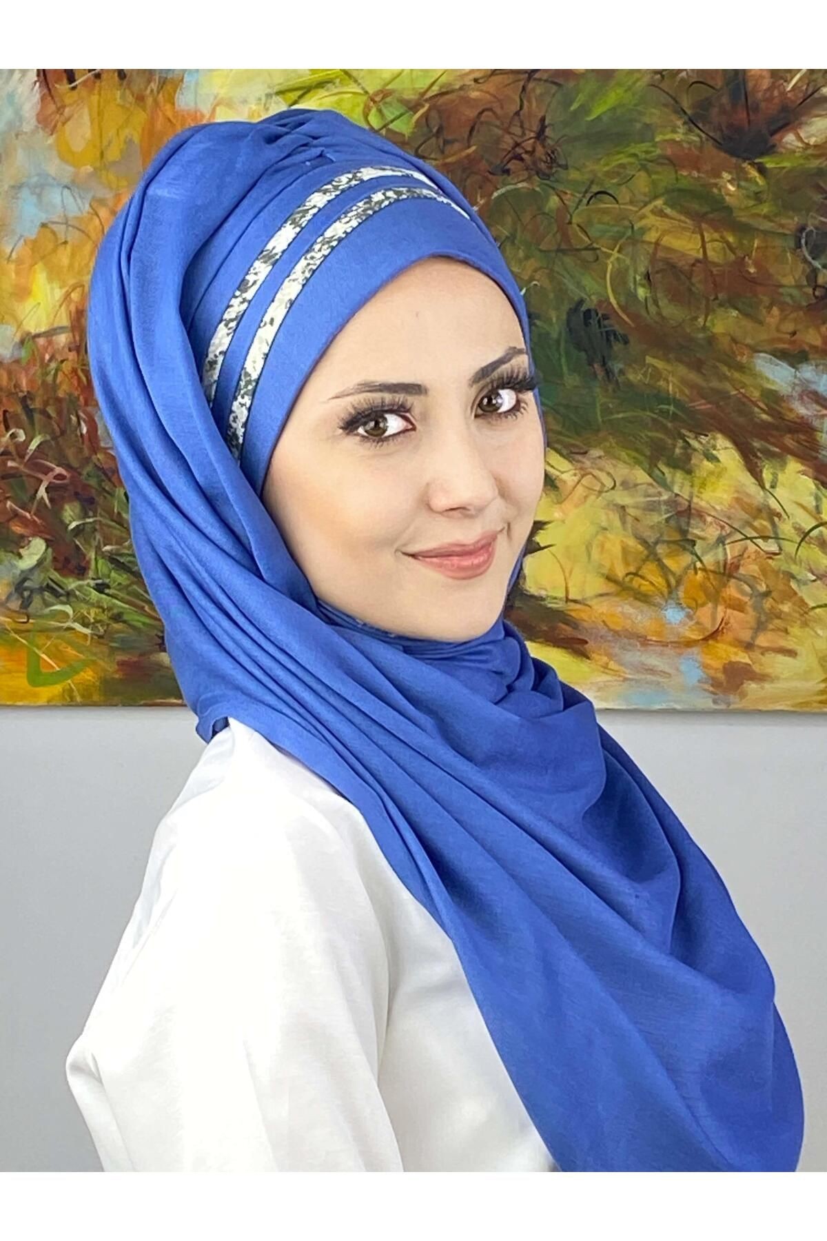 Saray Model Yan Drapeli Gri Puantiye Şeritli Hazır Şal