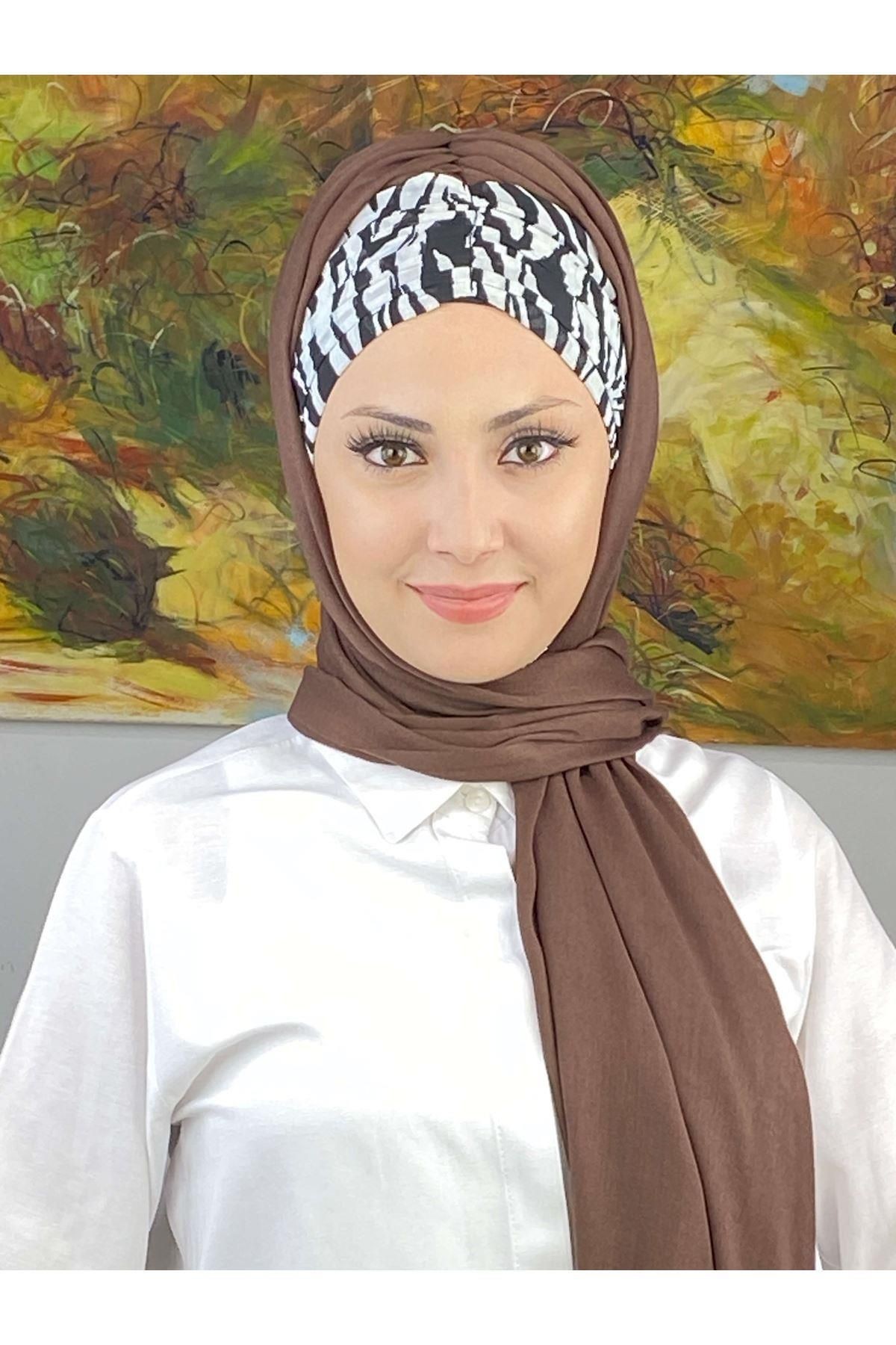 Zebra Desenli Sepya Büzgülü Hazır Şal