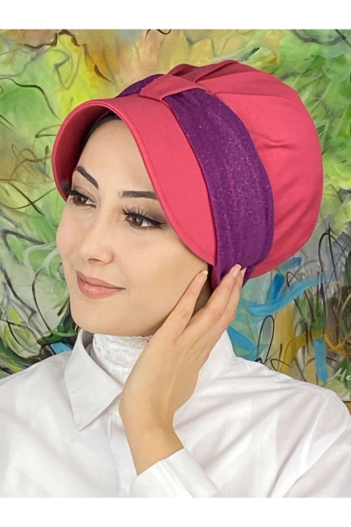 Cırtcırtlı Koyu Mor Şifon Fularlı Şapka