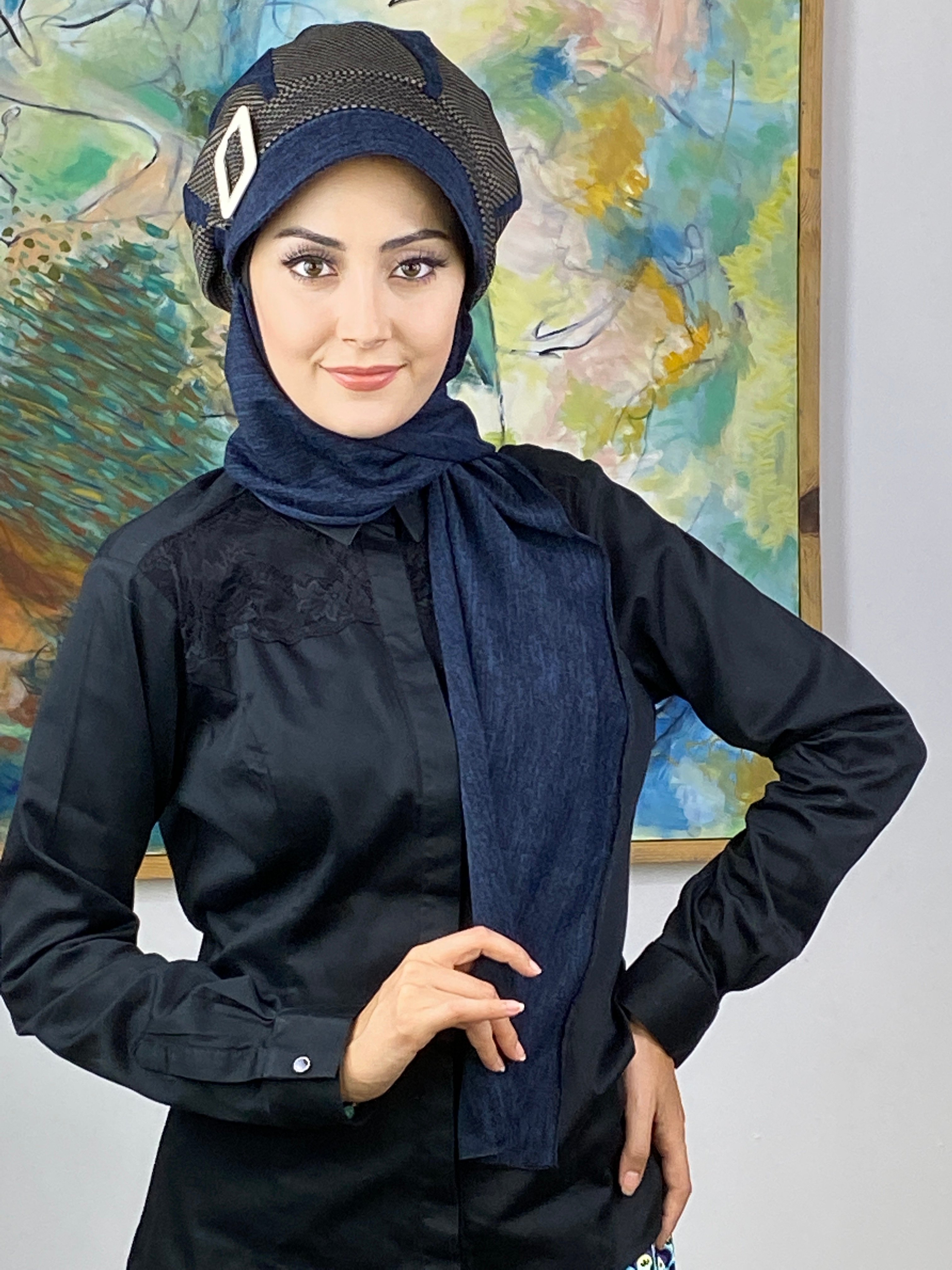 Damla Model Küçük Ekoseli Tesettür Bone Şal - lacivert