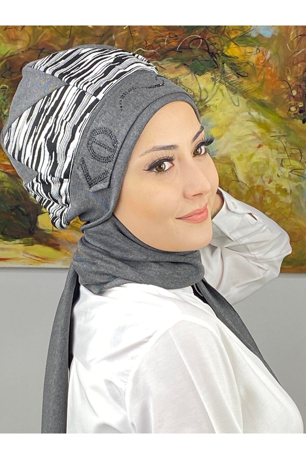 Çarkıfelek Model Çizgili Kemer Desenli Taşlı Orta Gri  Atkılı Bere